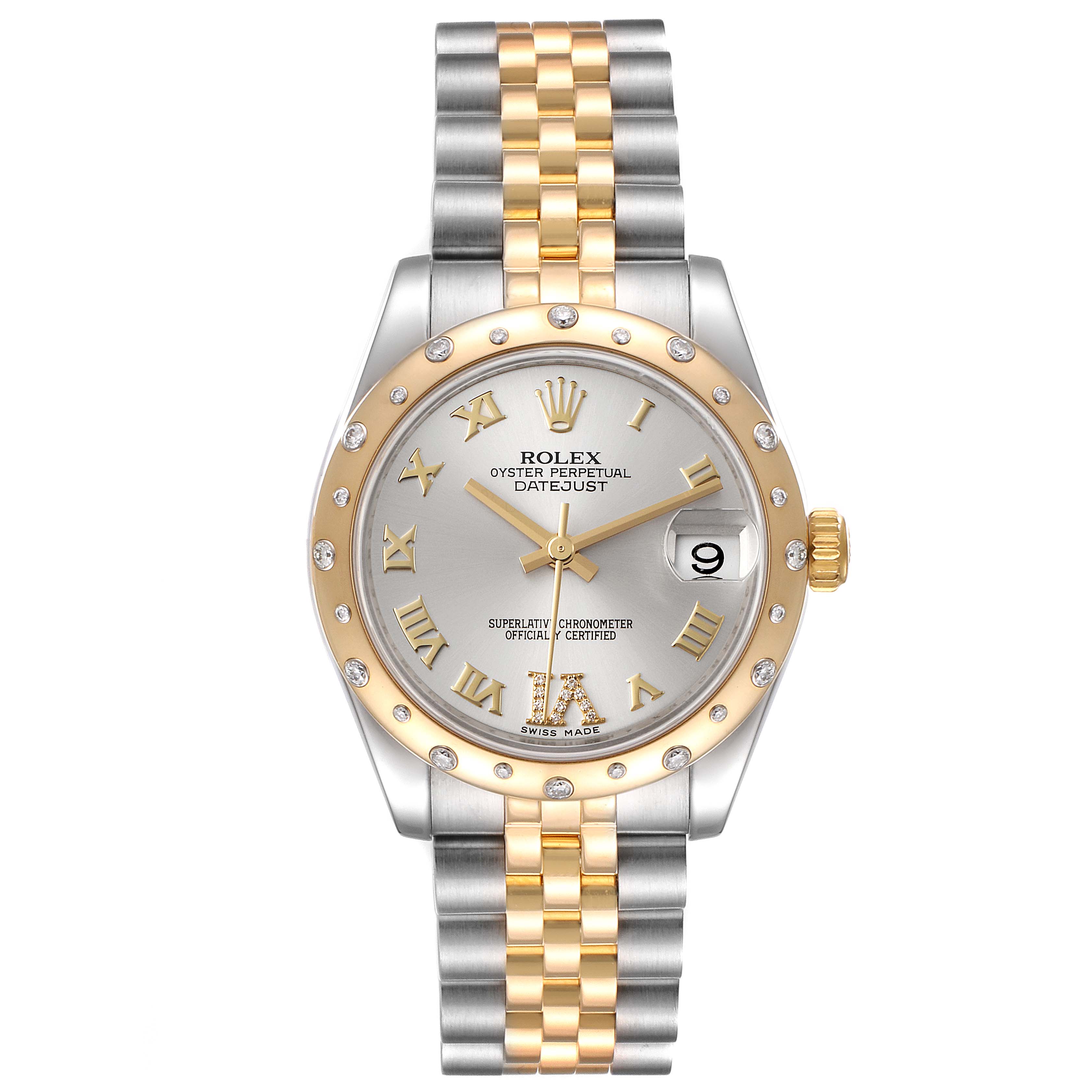 The image shows a front view of a Rolex Oyster Perpetual Datejust Mid-Size watch, highlighting the dial, bezel, and bracelet.