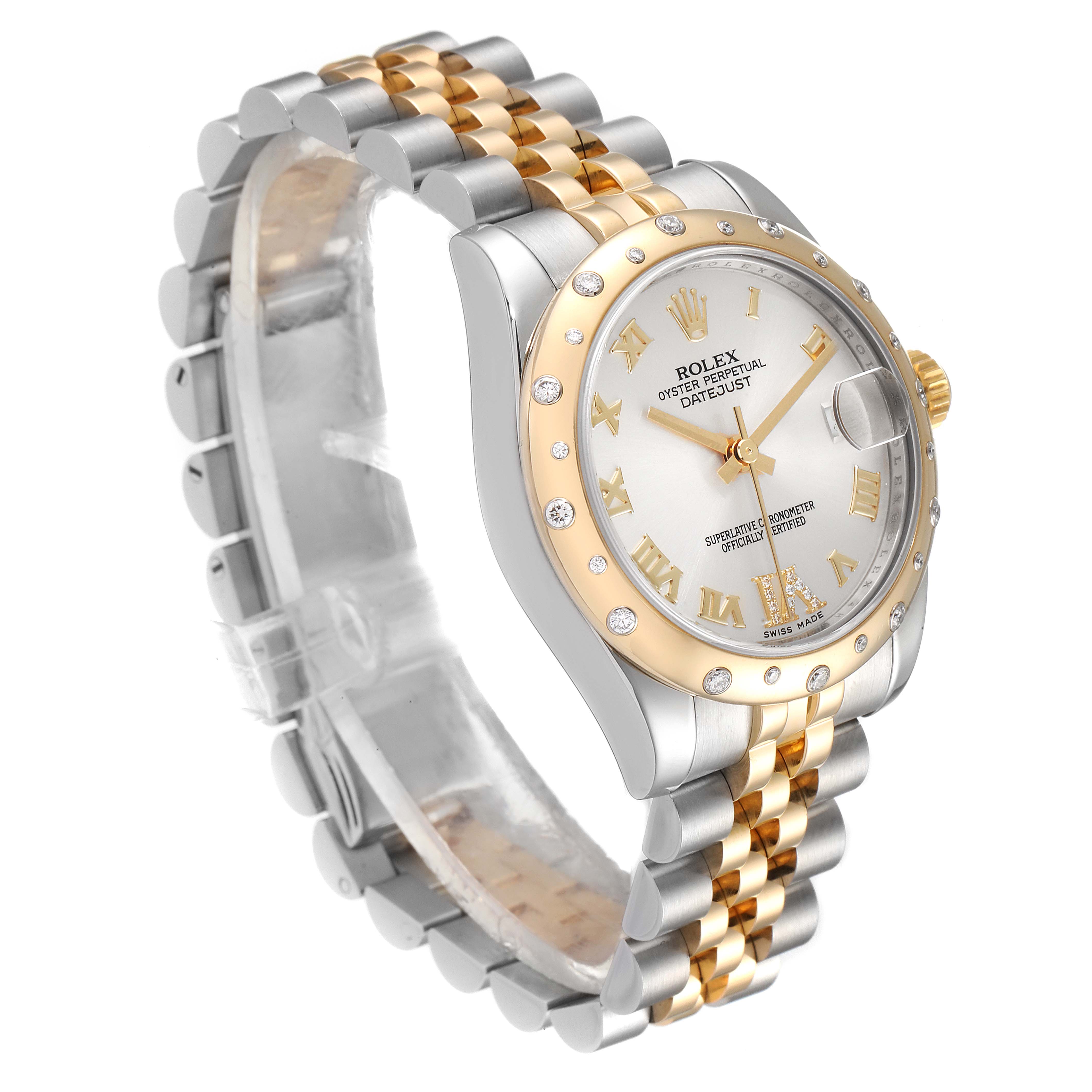 The image shows a Rolex Mid-Size 178343 Women
s Steel and Gold (two tone) Silver Dial 178343 Women
s Steel and Gold (two tone) Silver Dial model watch from an oblique angle, highlighting the face, bezel, and two-tone bracelet.