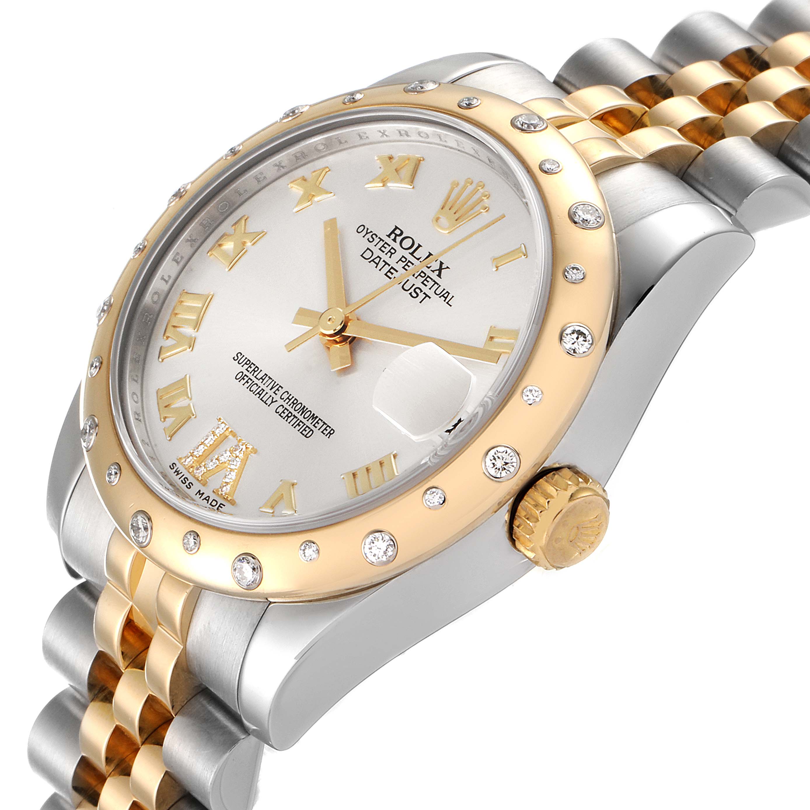 The image shows a Rolex Mid-Size 178343 Women
s Steel and Gold (two tone) Silver Dial 178343 Women
s Steel and Gold (two tone) Silver Dial Date-Just watch at an oblique angle, highlighting the dial, bezel, and part of the bracelet.