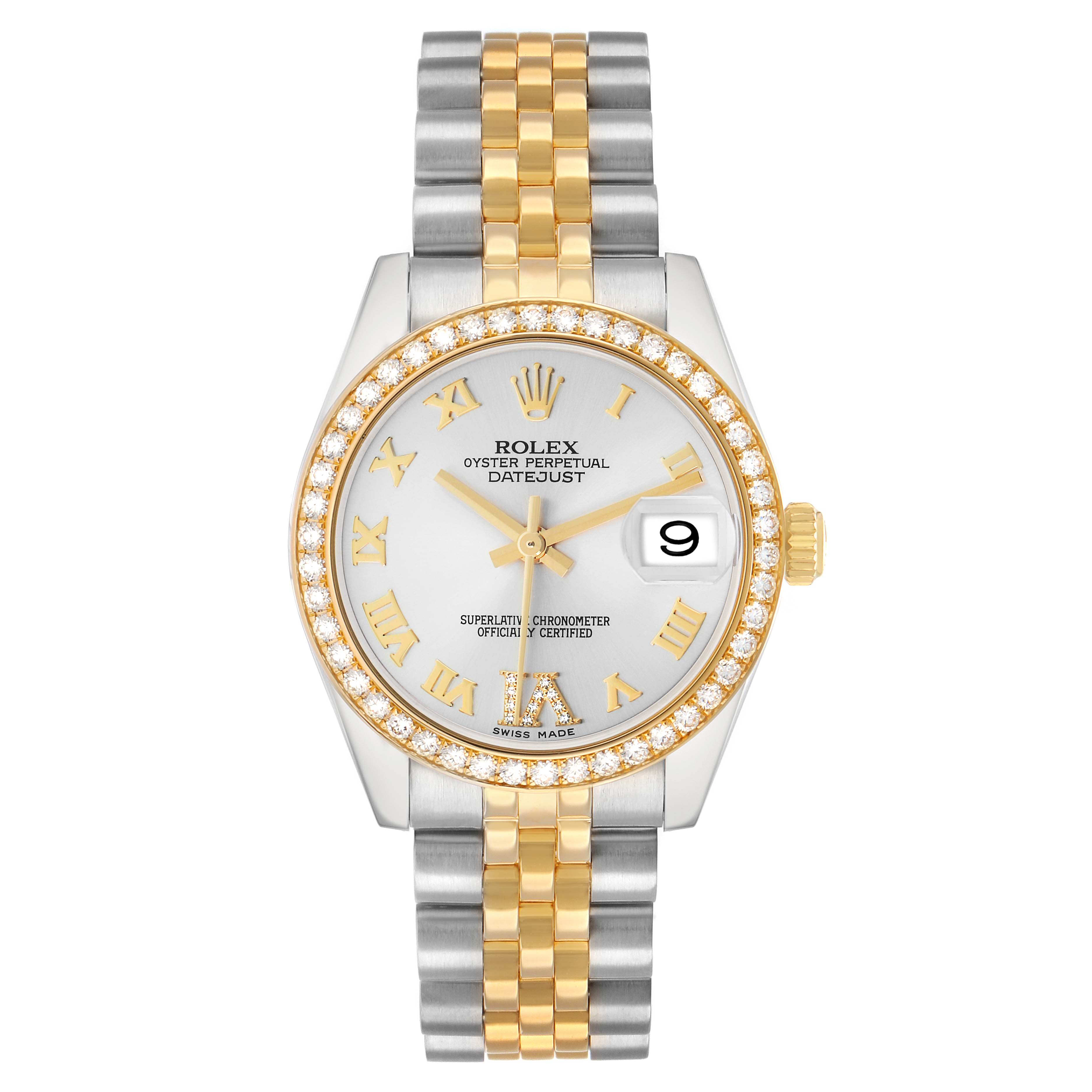 The Rolex Mid-Size 178383 Women
s Steel and Gold (two tone) Silver Dial watch is shown from a top-down angle, featuring a two-tone bracelet, diamond-set bezel, and the dial with date display.