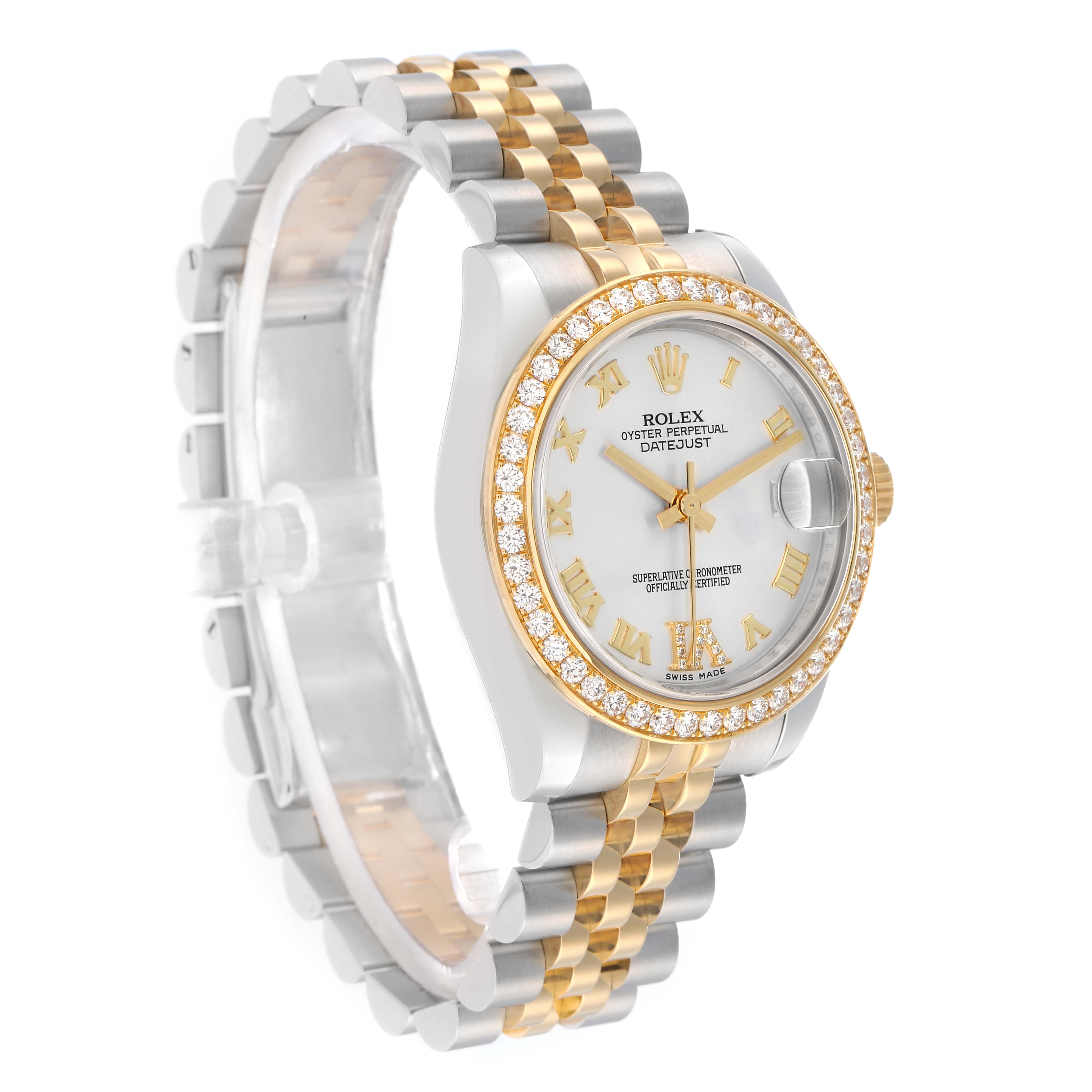 The Rolex Mid-Size 178383 Women
s Steel and Gold (two tone) Silver Dial watch is shown at a three-quarter angle, displaying the face, band, and side profile.