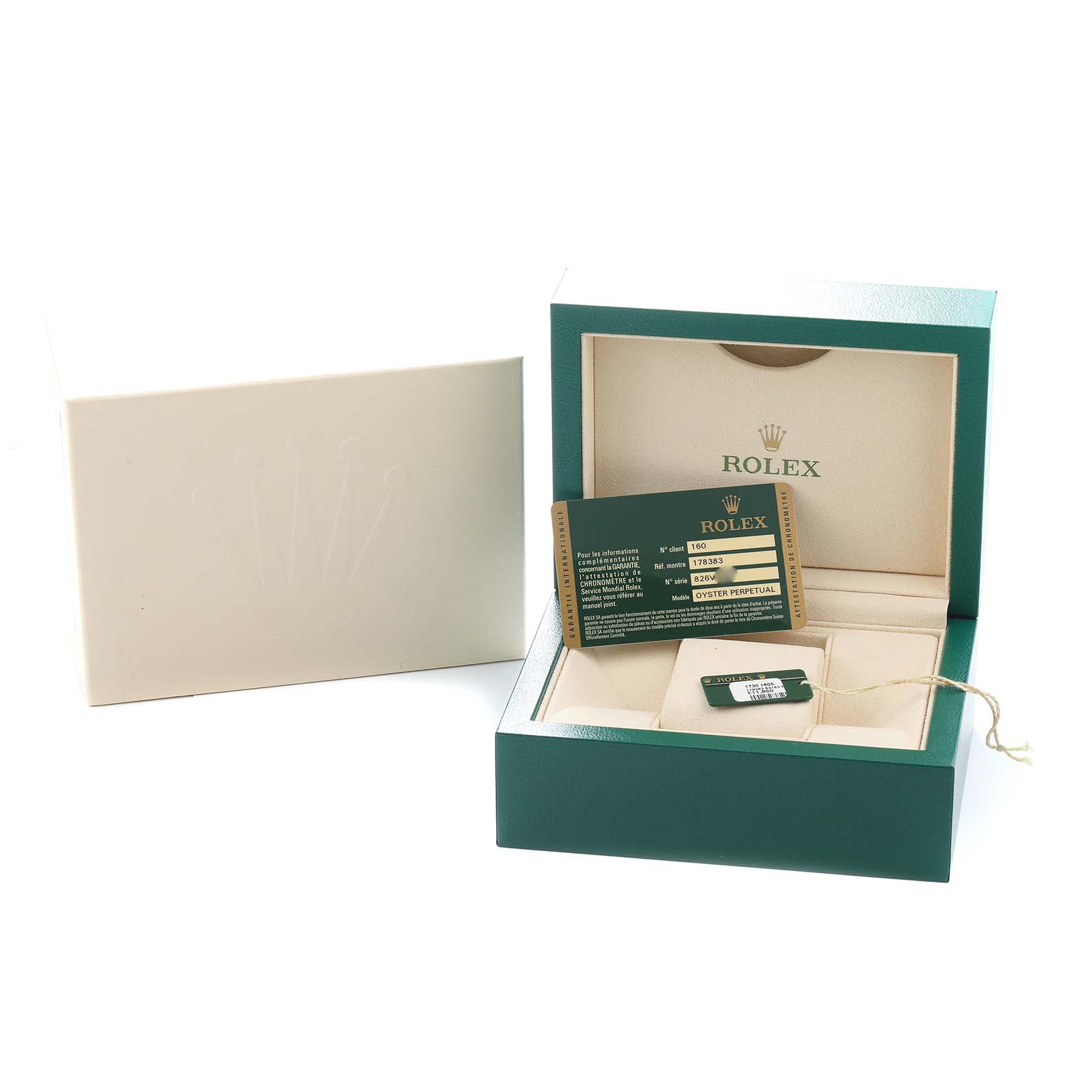 The image shows the packaging and accessories for a Rolex Mid-Size 178383 Women
s Steel and Gold (two tone) Silver Dial model, including an open box, warranty card, and tag.