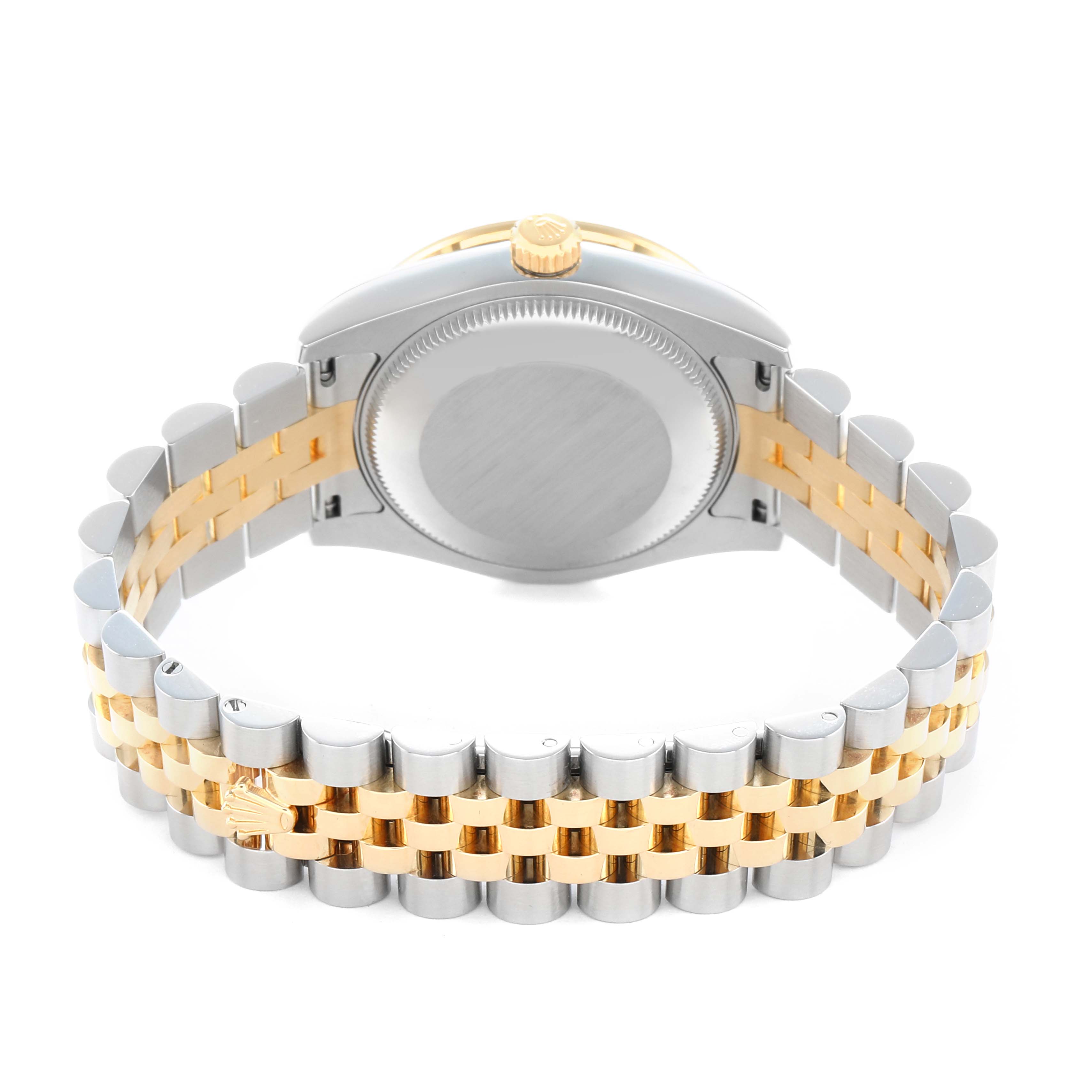 The image shows the back case and bracelet of a Rolex Mid-Size 178383 Women
s Steel and Gold (two tone) Silver Dial watch from a rear angle, highlighting the two-tone design.