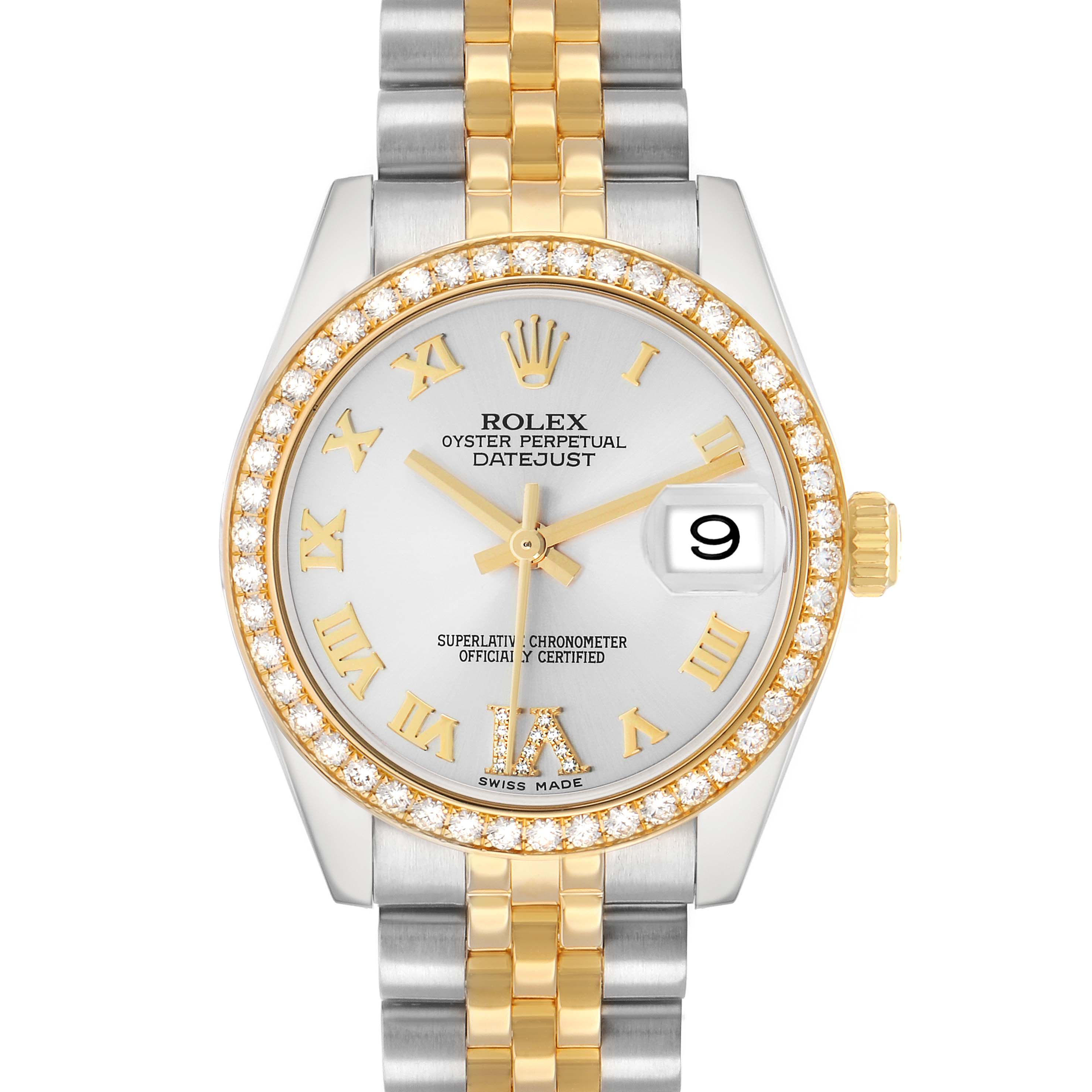 The Rolex Mid-Size 178383 Women
s Steel and Gold (two tone) Silver Dial Datejust is shown from a front angle, highlighting its dial, bezel, and two-tone bracelet.