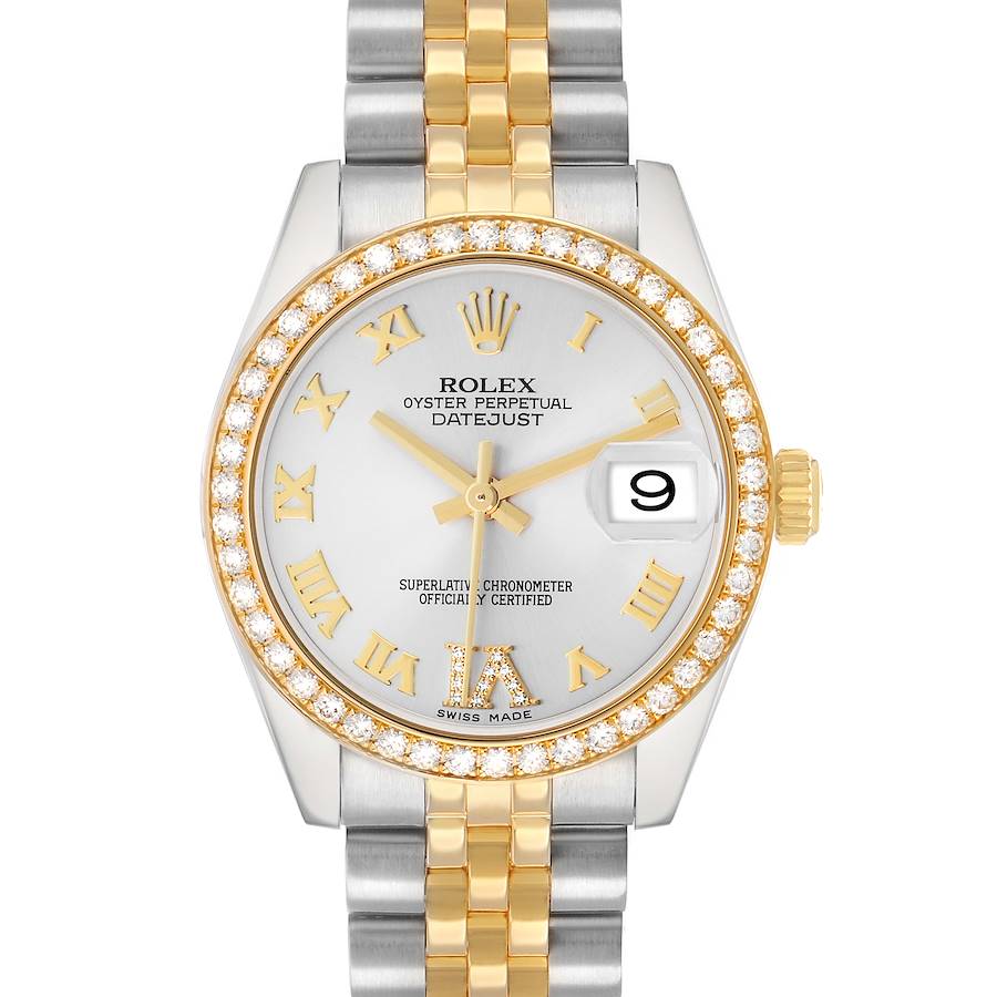 The Rolex Mid-Size 178383 Women's Steel and Gold (two tone) Silver Dial Datejust is shown from a front angle, highlighting its dial, bezel, and two-tone bracelet.