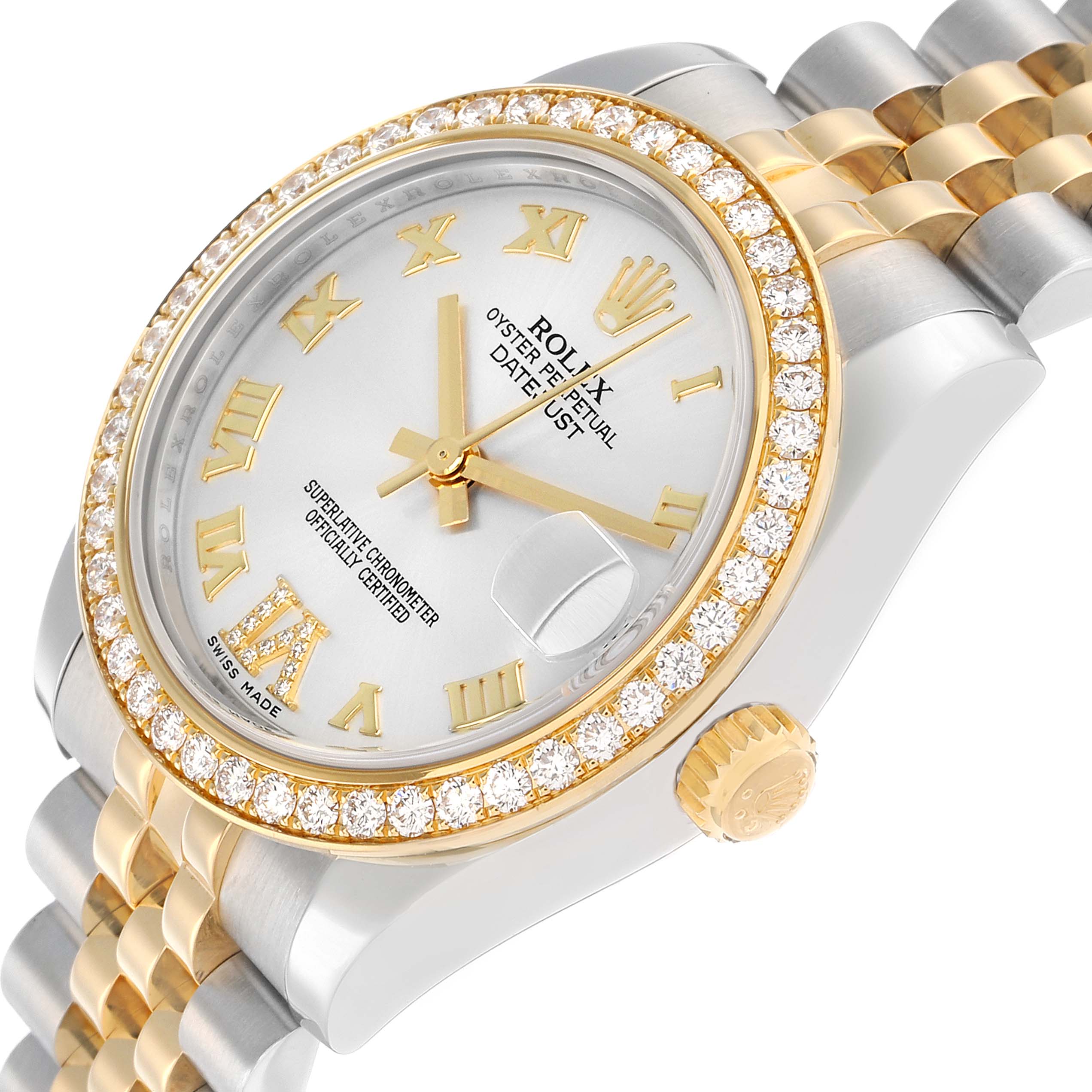 The Rolex Datejust Mid-Size watch is shown at a slight angle, displaying the bezel, dial, crown, and part of the bracelet.