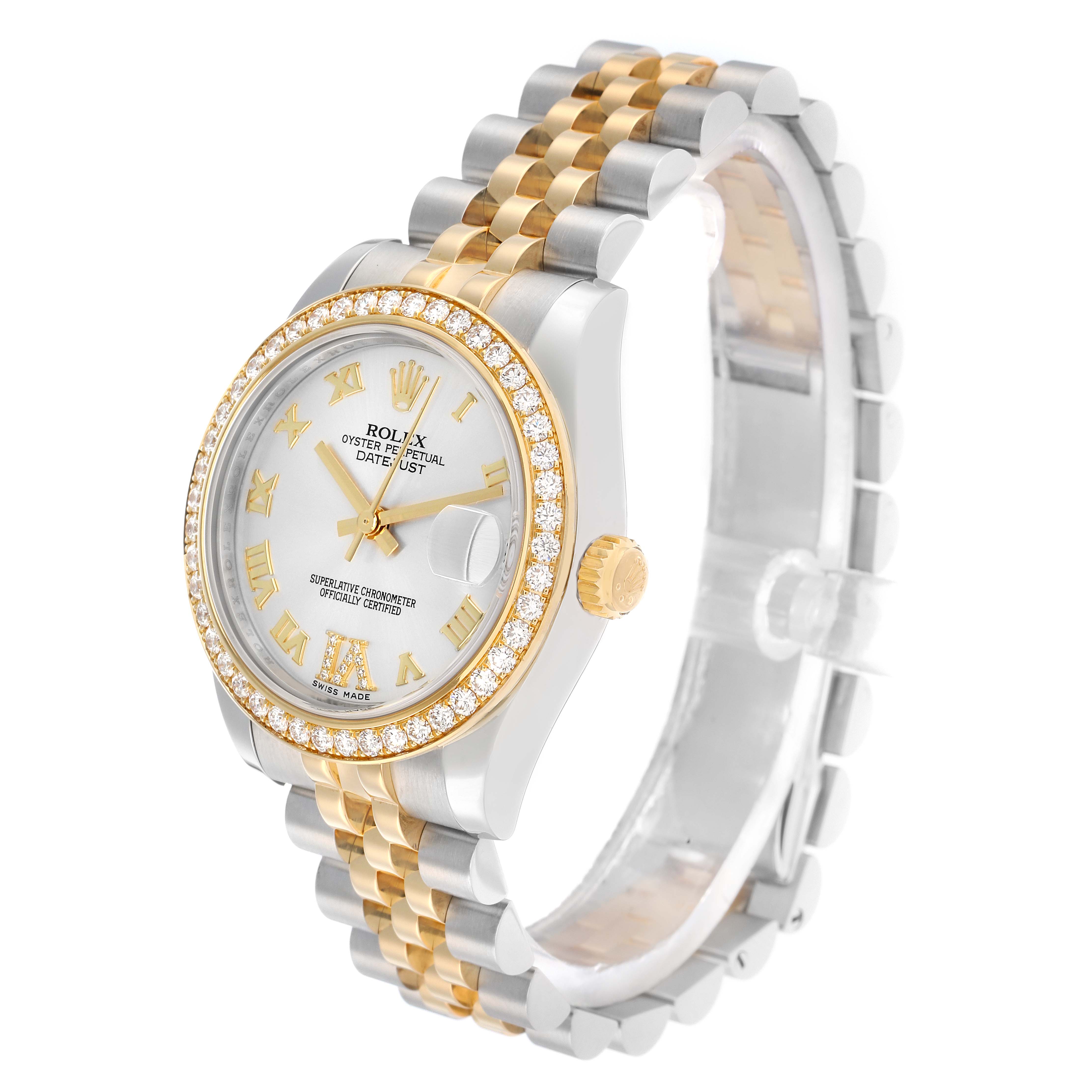 The Rolex Mid-Size 178383 Women
s Steel and Gold (two tone) Silver Dial watch is shown at a three-quarter angle, displaying the bezel, crown, dial, and two-tone bracelet.