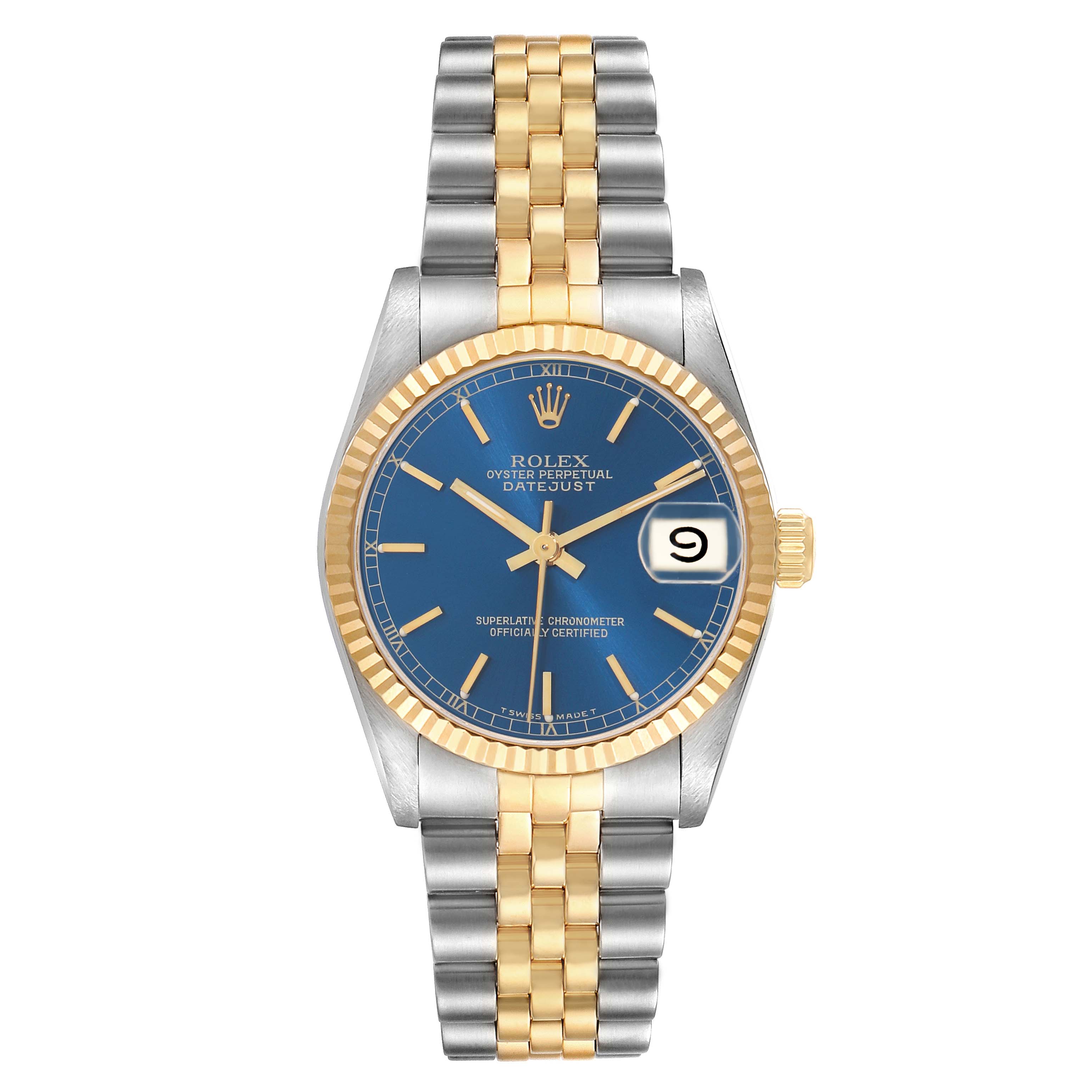 The Rolex Mid-Size 68273 Women
s Steel and Gold (two tone) Blue Dial model is shown from the front, displaying the blue dial, date window, and two-tone bracelet.
