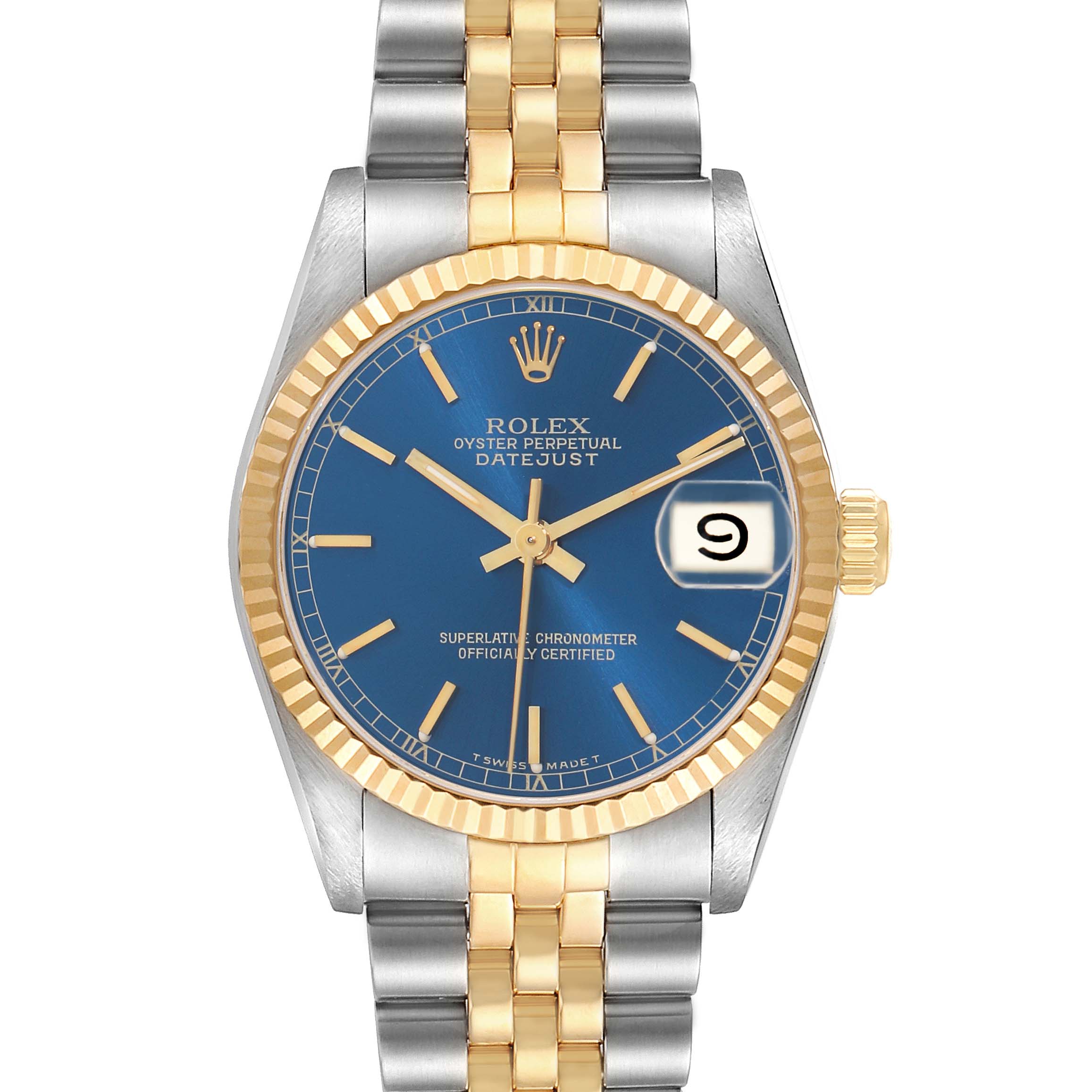 The Rolex Mid-Size 68273 Women
s Steel and Gold (two tone) Blue Dial watch is shown from the front, highlighting its blue dial, gold bezel, and two-tone bracelet.