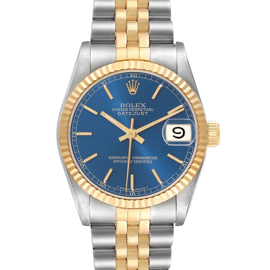 The Rolex Mid-Size 68273 Women's Steel and Gold (two tone) Blue Dial watch is shown from the front, highlighting its blue dial, gold bezel, and two-tone bracelet.