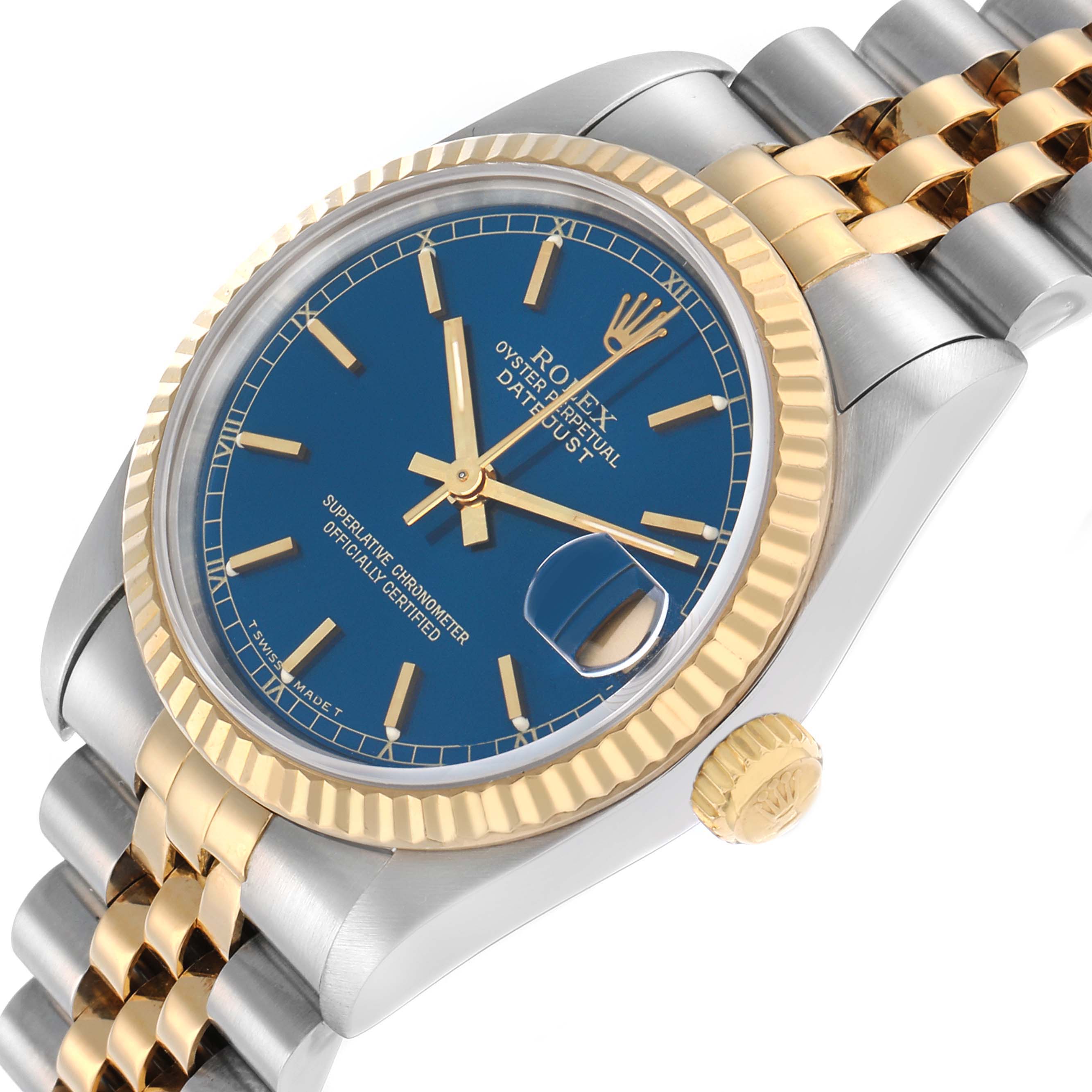 The Rolex Datejust Mid-Size watch is shown at an angled view, highlighting its blue dial, fluted bezel, and two-tone bracelet.