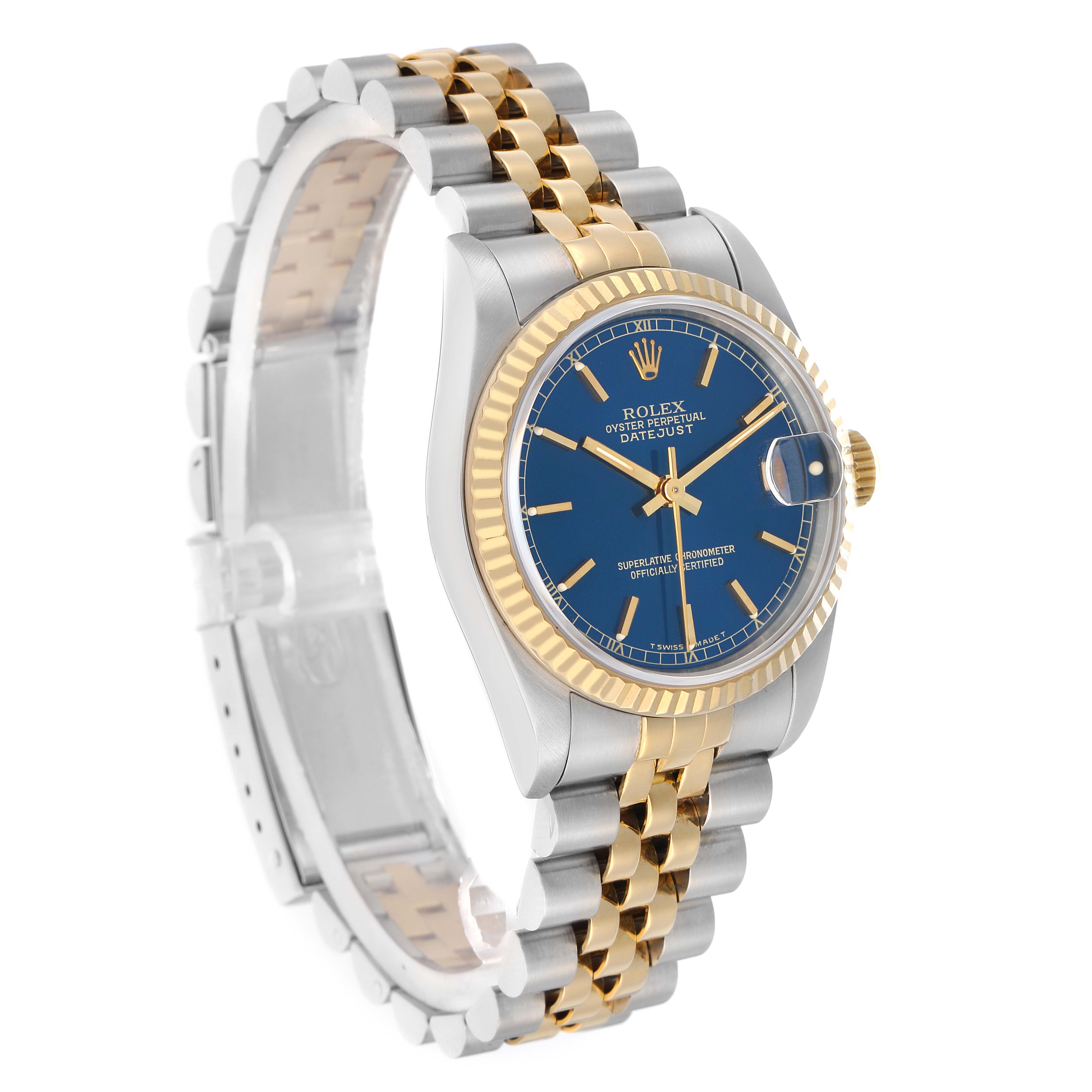 The Rolex Mid-Size 68273 Women
s Steel and Gold (two tone) Blue Dial watch is shown at a 3/4 angle, highlighting the blue dial, gold bezel, and two-tone bracelet.