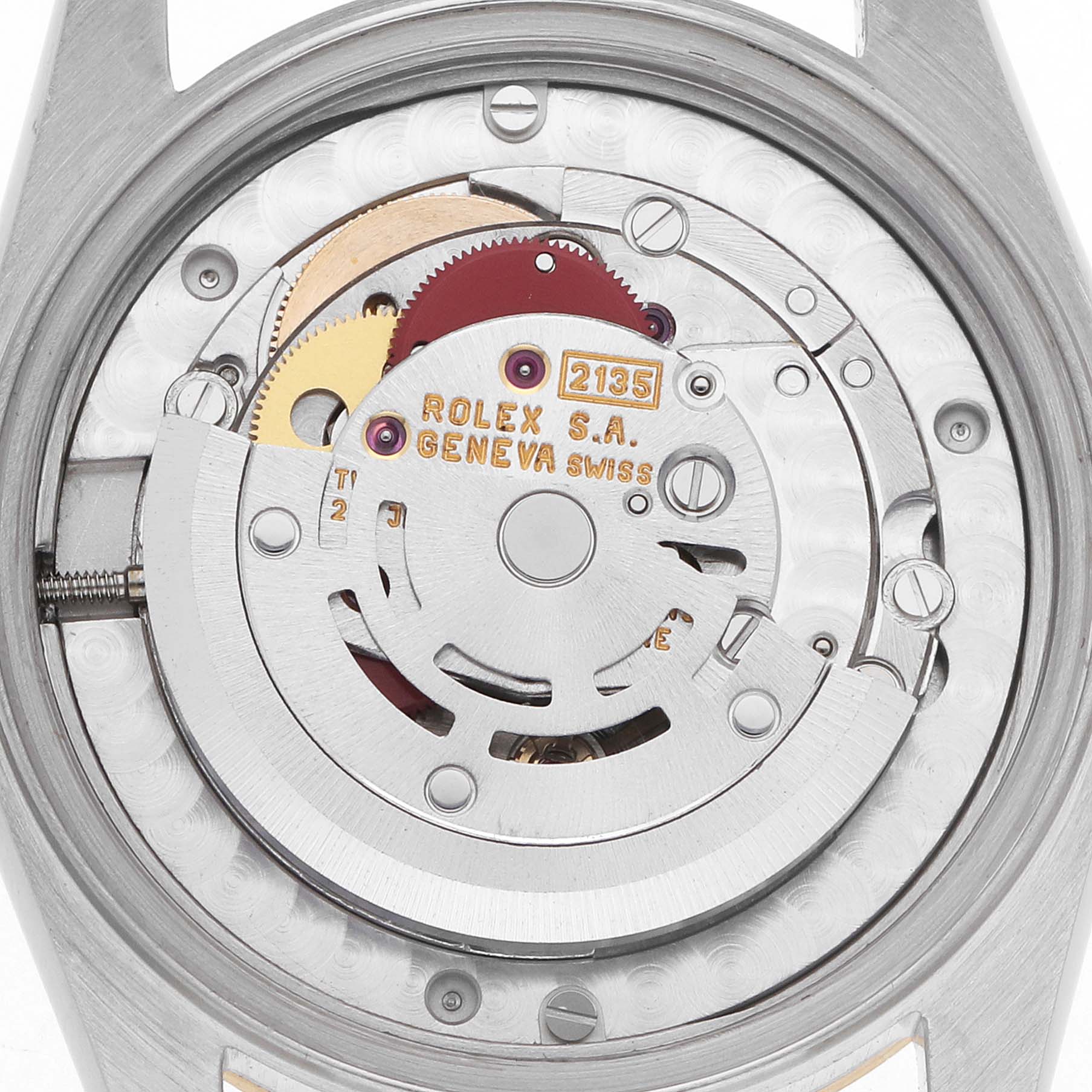 The image shows the internal movement of a Rolex Mid-Size 68273 Women
s Steel and Gold (two tone) Blue Dial watch from a top-down angle.