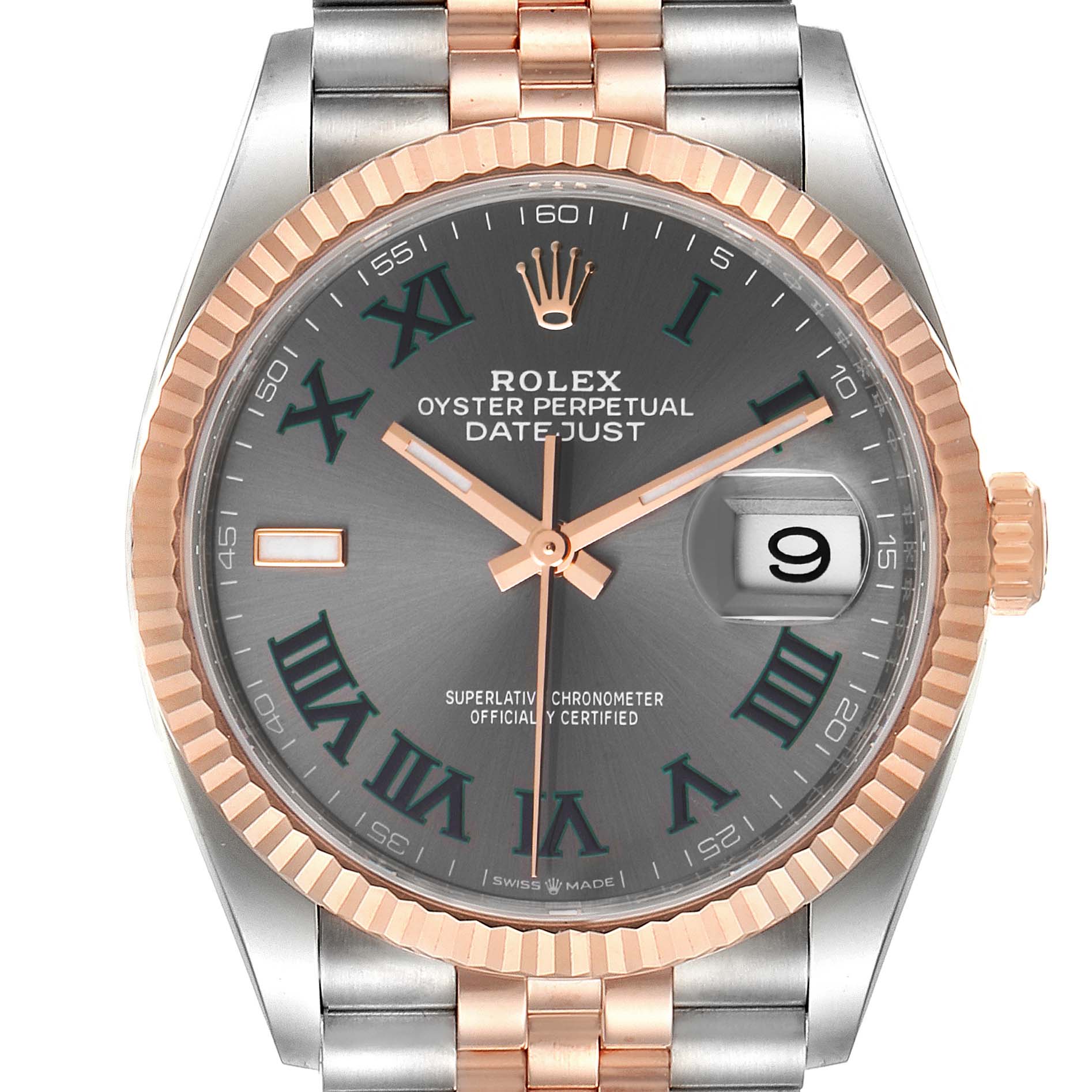 This image shows a frontal view of the Rolex Datejust 126231 Men's Steel and Gold (two tone) Grey Dial 126231 Men's Steel and Gold (two tone) Grey Dial watch, highlighting the dial, bezel, crown, and bracelet.