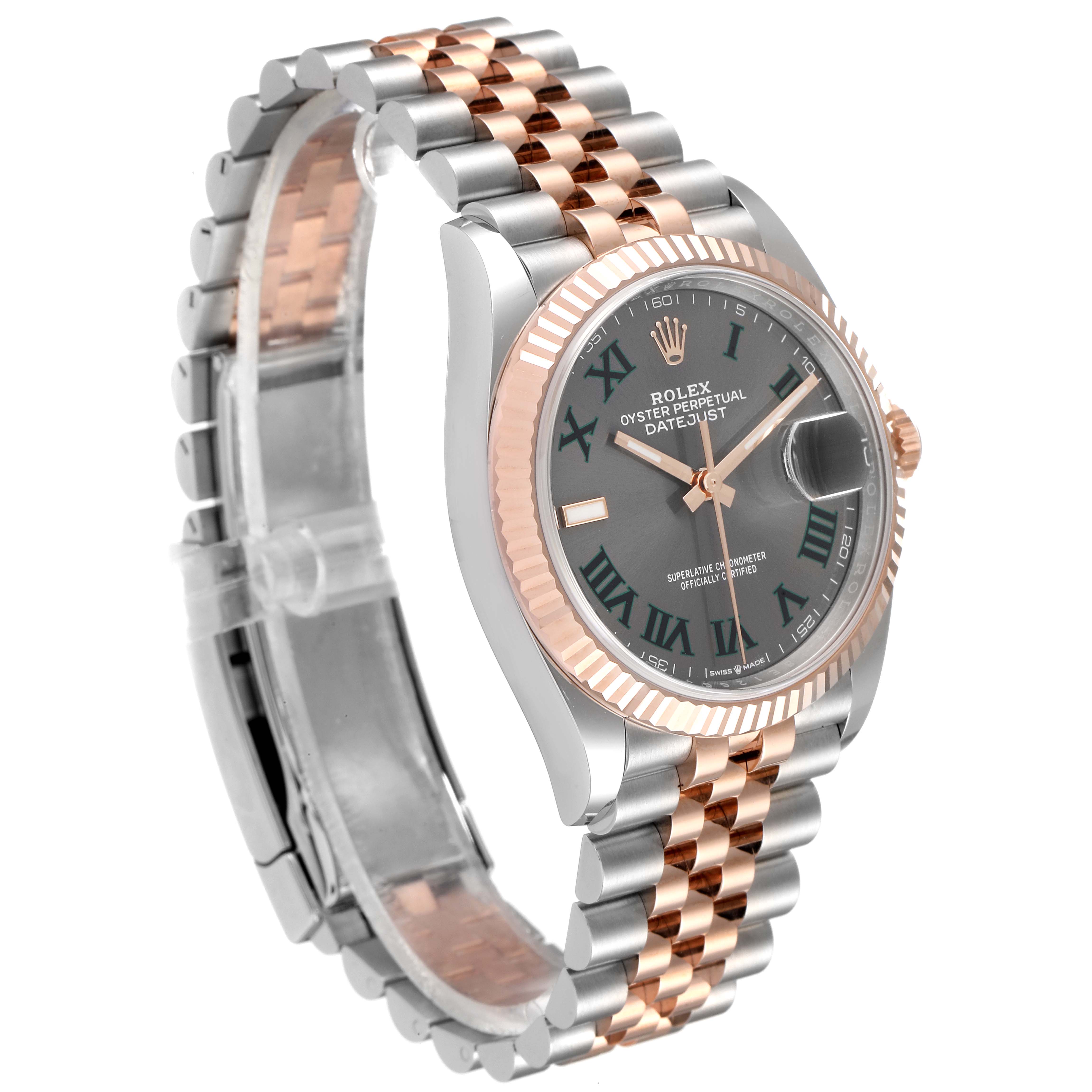 The Rolex Datejust 126231 Men's Steel and Gold (two tone) Grey Dial 126231 Men's Steel and Gold (two tone) Grey Dial watch is shown at a three-quarter angle, displaying the face, bezel, and part of the bracelet.
