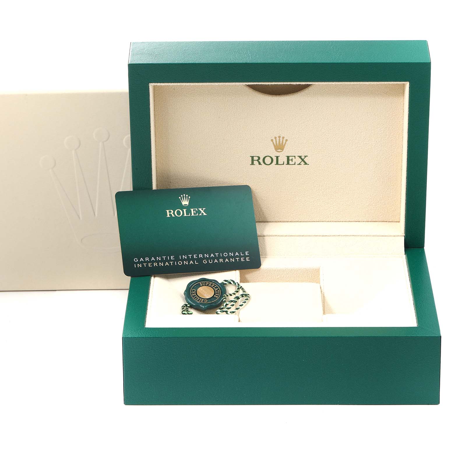 This image shows the open packaging for a Rolex Datejust 126231 Men's Steel and Gold (two tone) Grey Dial 126231 Men's Steel and Gold (two tone) Grey Dial model with a guarantee card and tag inside.