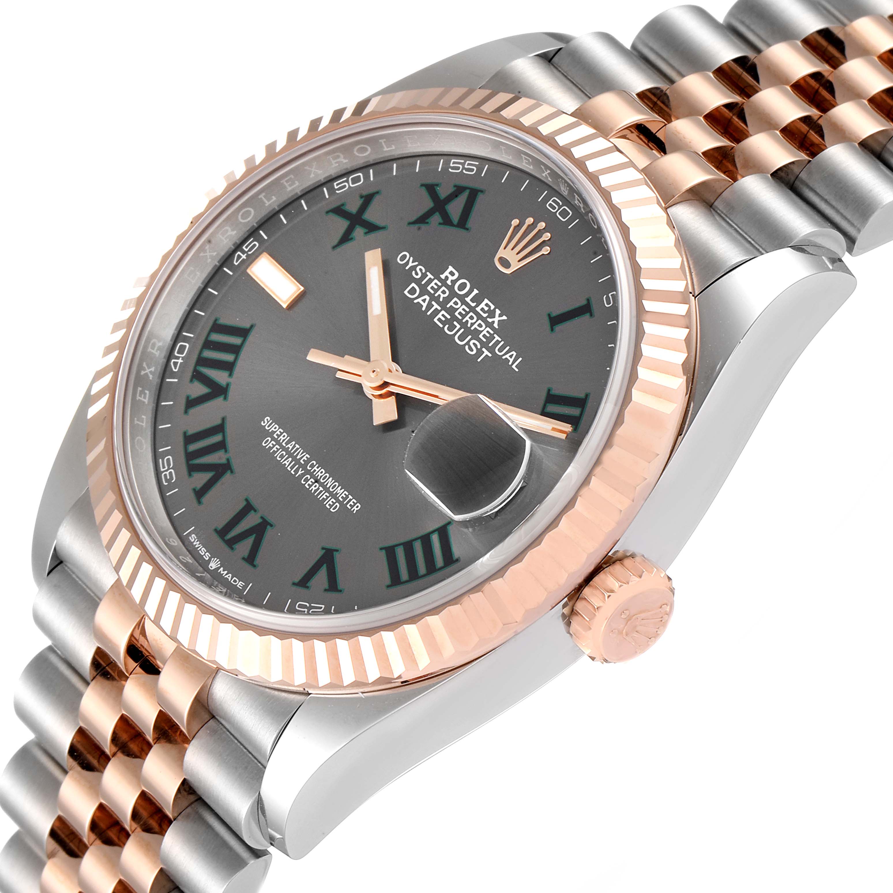 The image shows a side angle of the Rolex Datejust 126231 Men's Steel and Gold (two tone) Grey Dial 126231 Men's Steel and Gold (two tone) Grey Dial watch, highlighting the face, bezel, crown, and part of the bracelet.