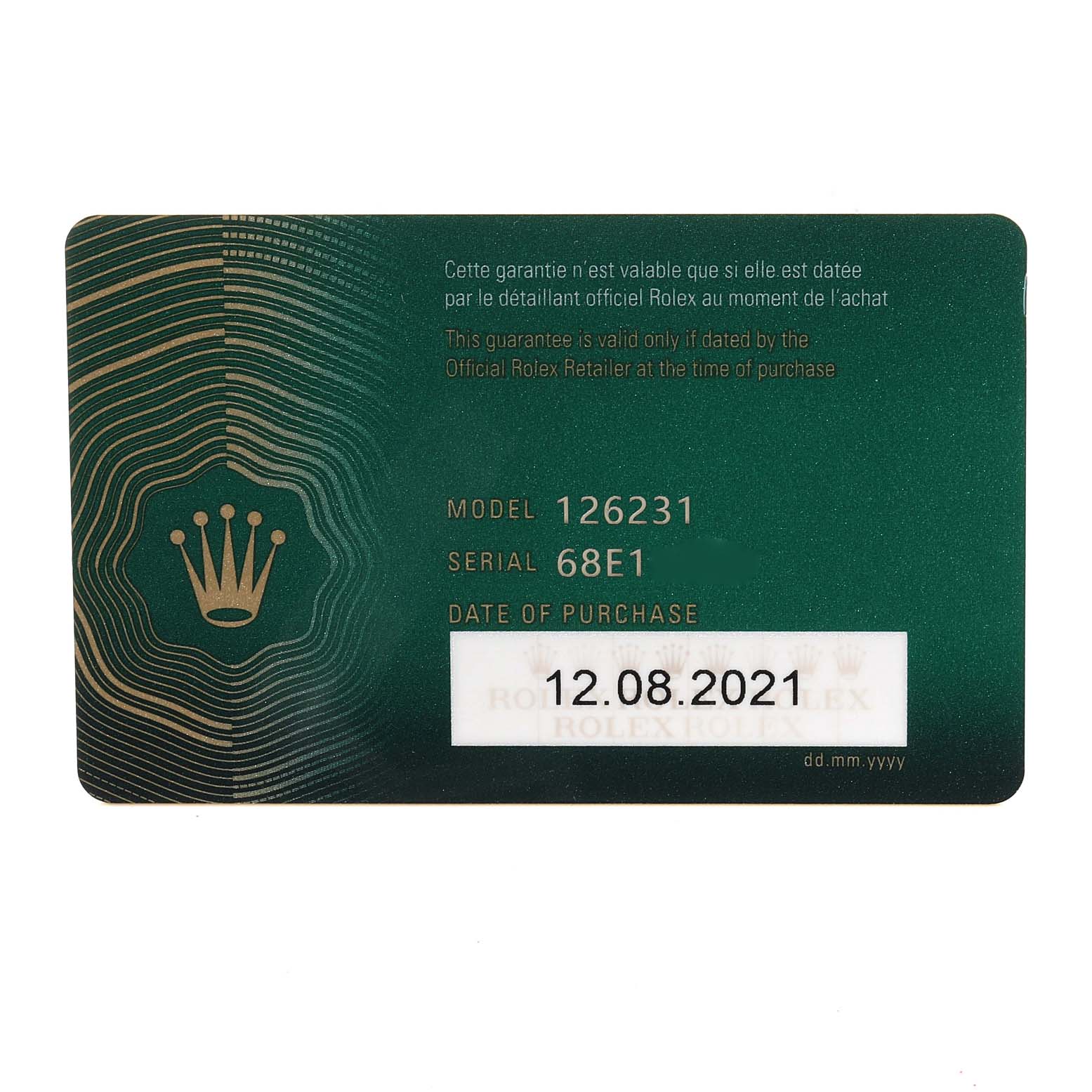 The image shows a warranty card for a Rolex Datejust 126231 Men's Steel and Gold (two tone) Grey Dial 126231 Men's Steel and Gold (two tone) Grey Dial model 126231, including model, serial number, and purchase date.