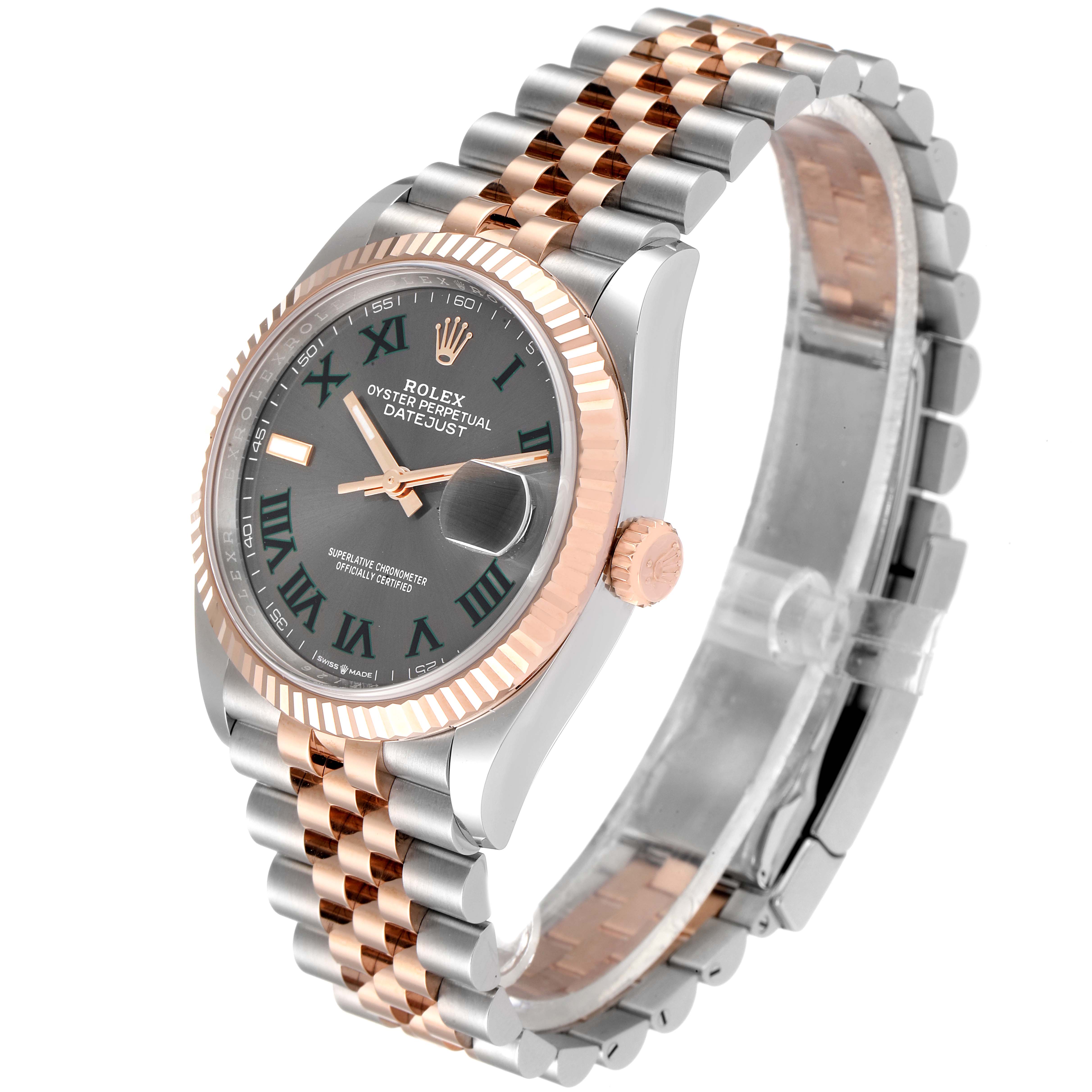 This image shows a side angle of a Rolex Datejust 126231 Men's Steel and Gold (two tone) Grey Dial 126231 Men's Steel and Gold (two tone) Grey Dial watch, highlighting its two-tone bracelet and fluted bezel.