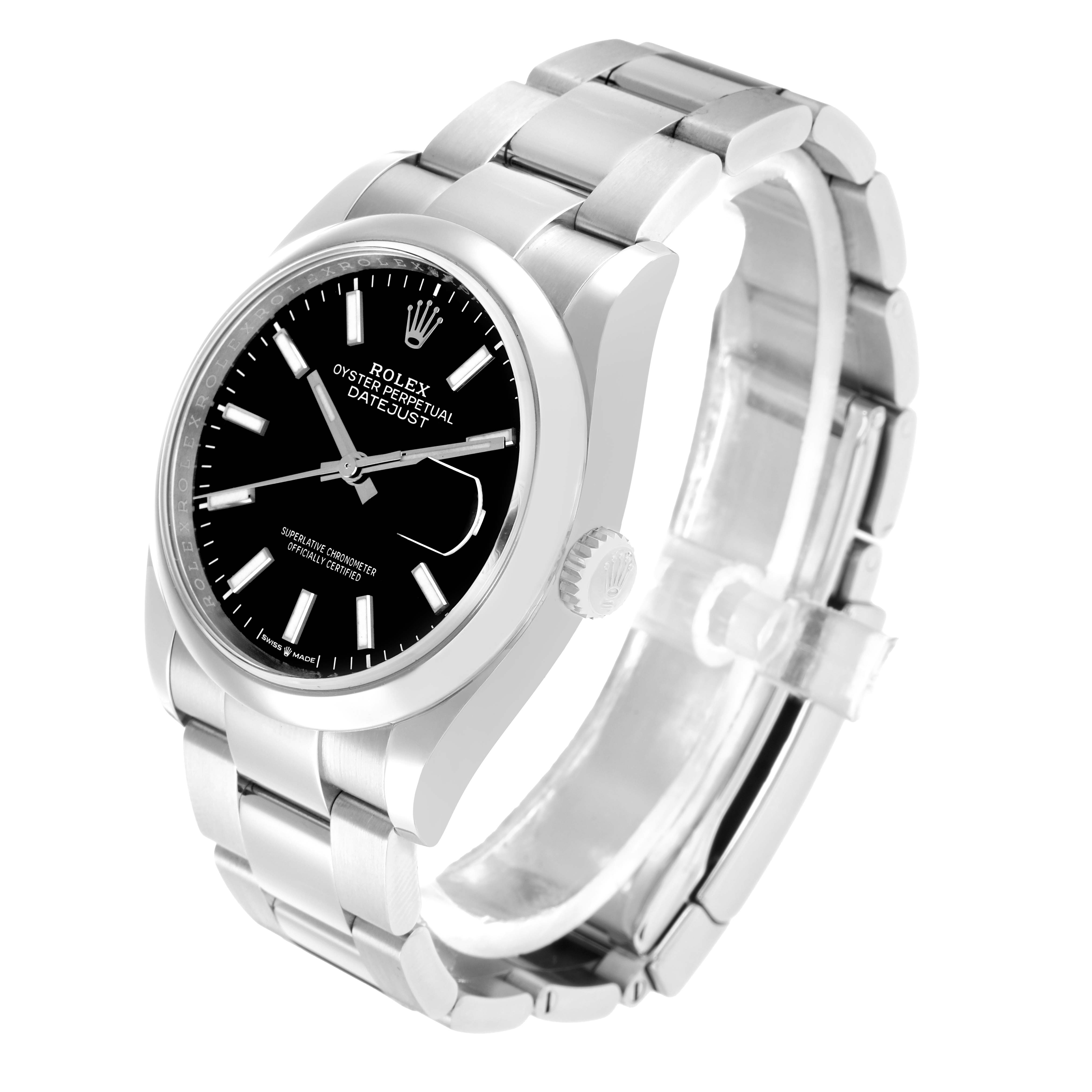 The Rolex Datejust 126200 Men
s Stainless Steel Black Dial watch is shown at a three-quarter angle, displaying the dial, bracelet, and crown.