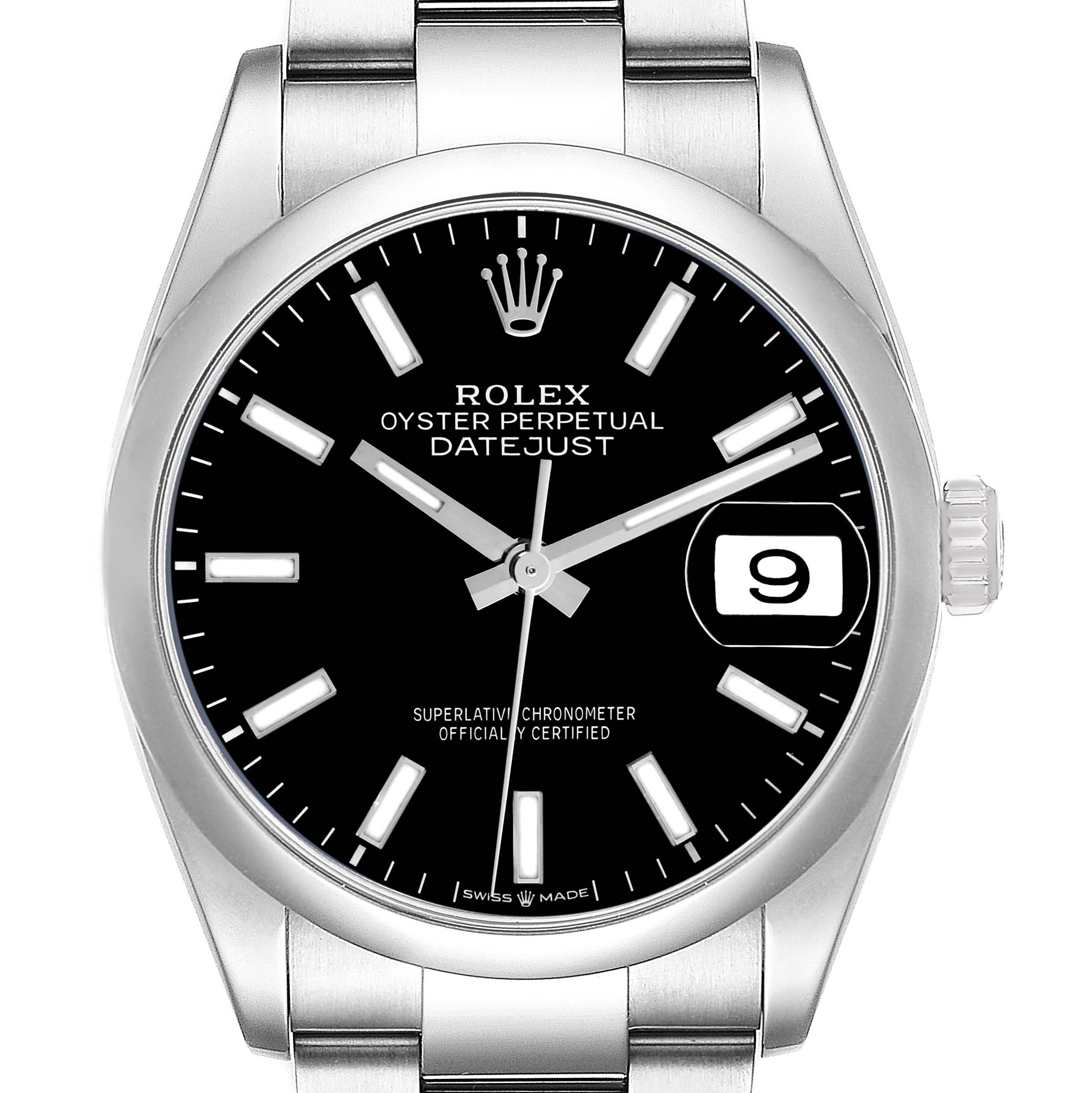 The image shows a frontal view of a Rolex Datejust 126200 Men
s Stainless Steel Black Dial watch, highlighting the black dial, hour markers, and date window.