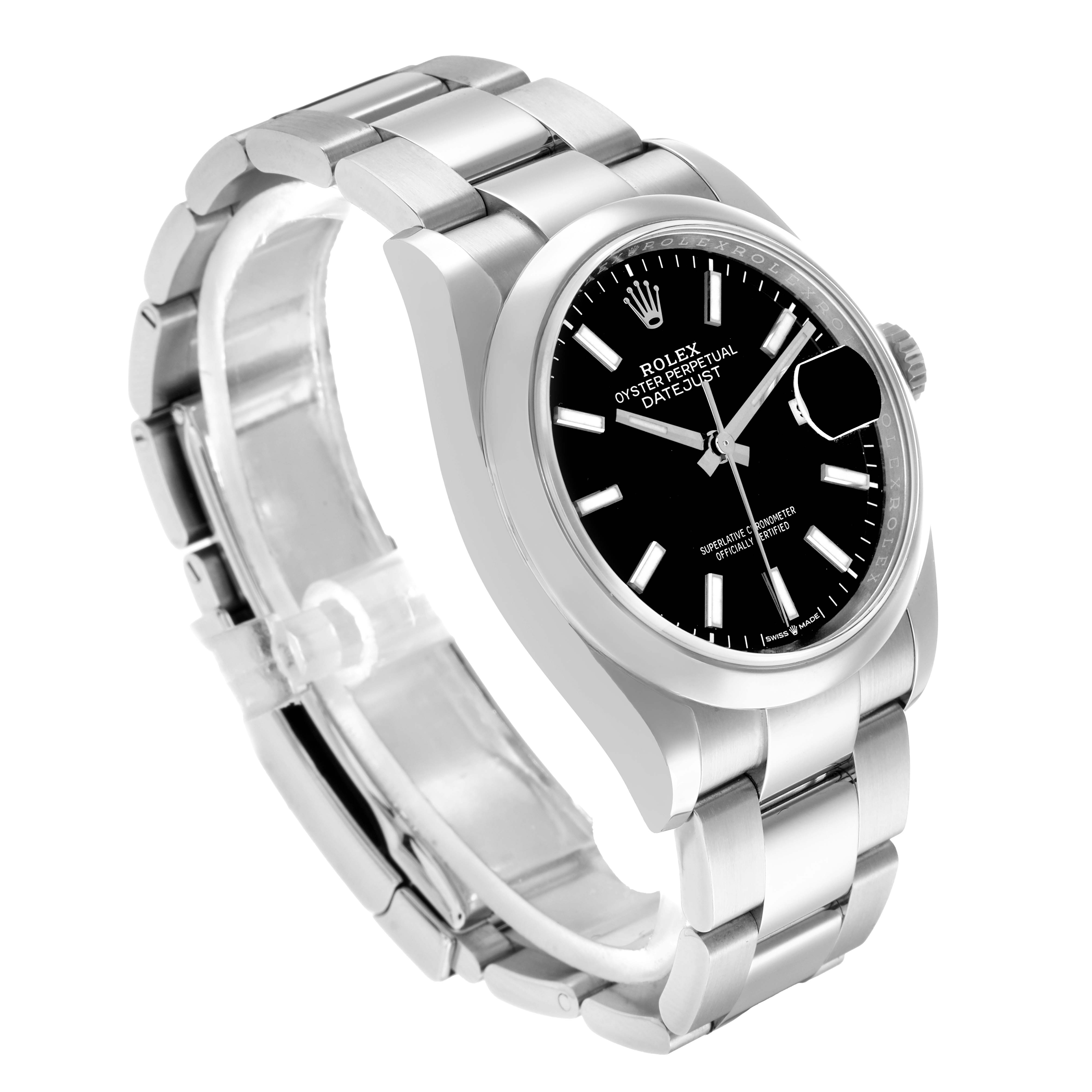 The Rolex Datejust 126200 Men
s Stainless Steel Black Dial watch is shown at a three-quarter angle, displaying the face, bezel, crown, and part of the bracelet.