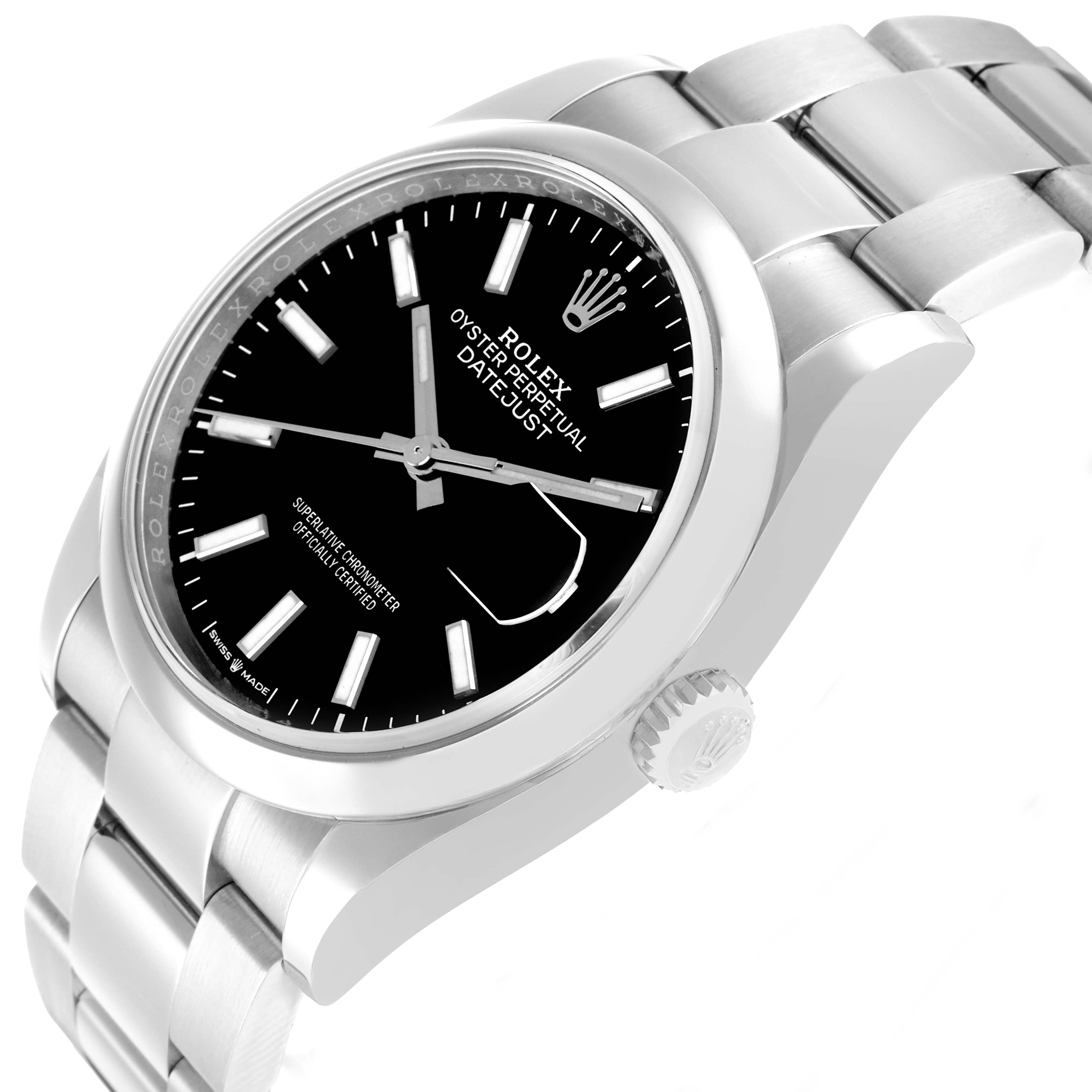 The Rolex Datejust 126200 Men
s Stainless Steel Black Dial watch is shown at an angled view highlighting the dial, bezel, crown, and part of the bracelet.