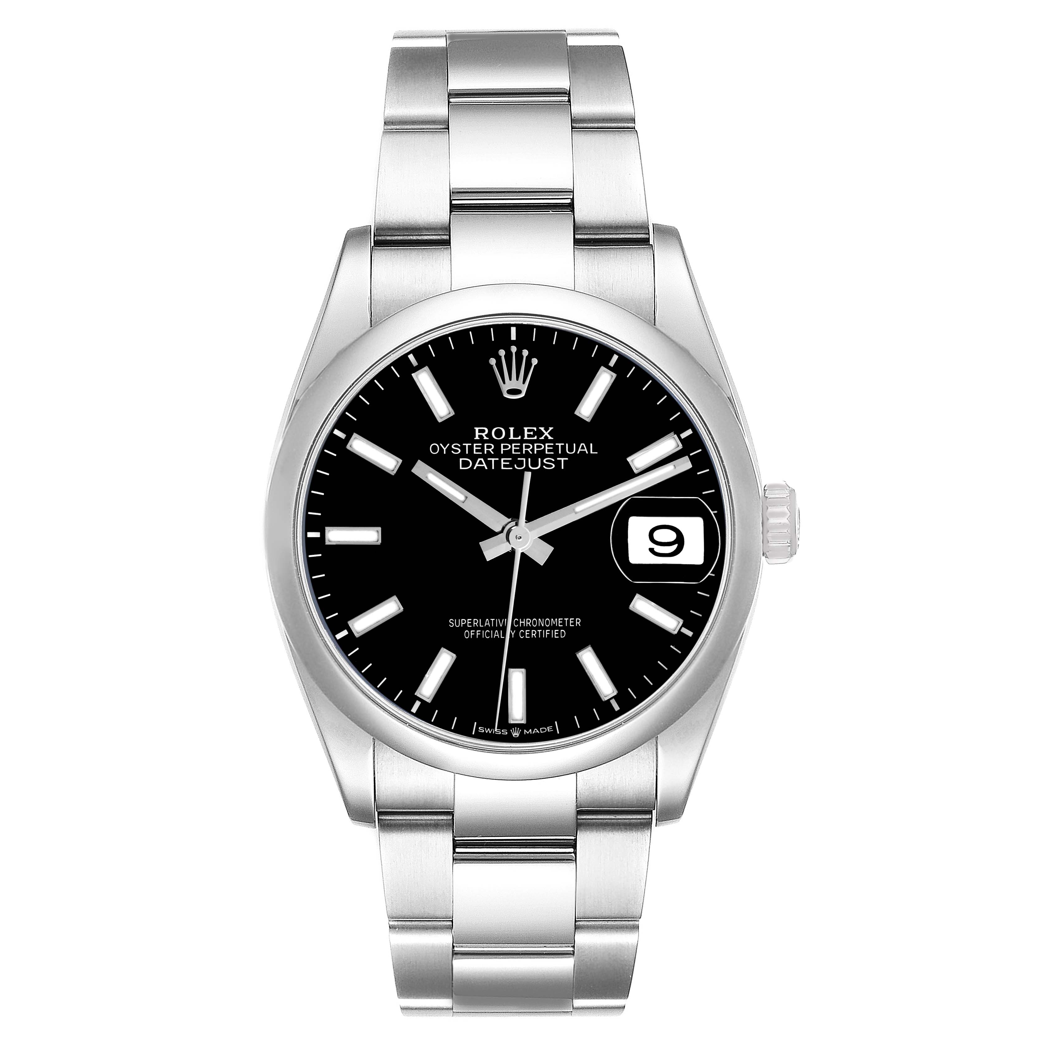 The Rolex Datejust 126200 Men
s Stainless Steel Black Dial watch is shown from a front view, displaying the dial, bezel, bracelet, and crown.