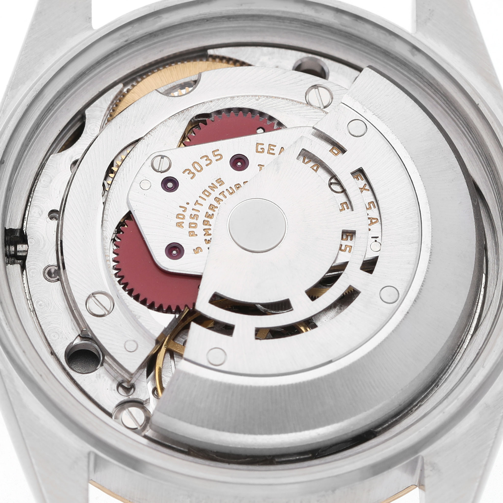 The image shows the movement of a Rolex Datejust 16013 Men's Steel and Gold (two tone) Champagne Dial watch from a top-down angle, highlighting its inner mechanical components.