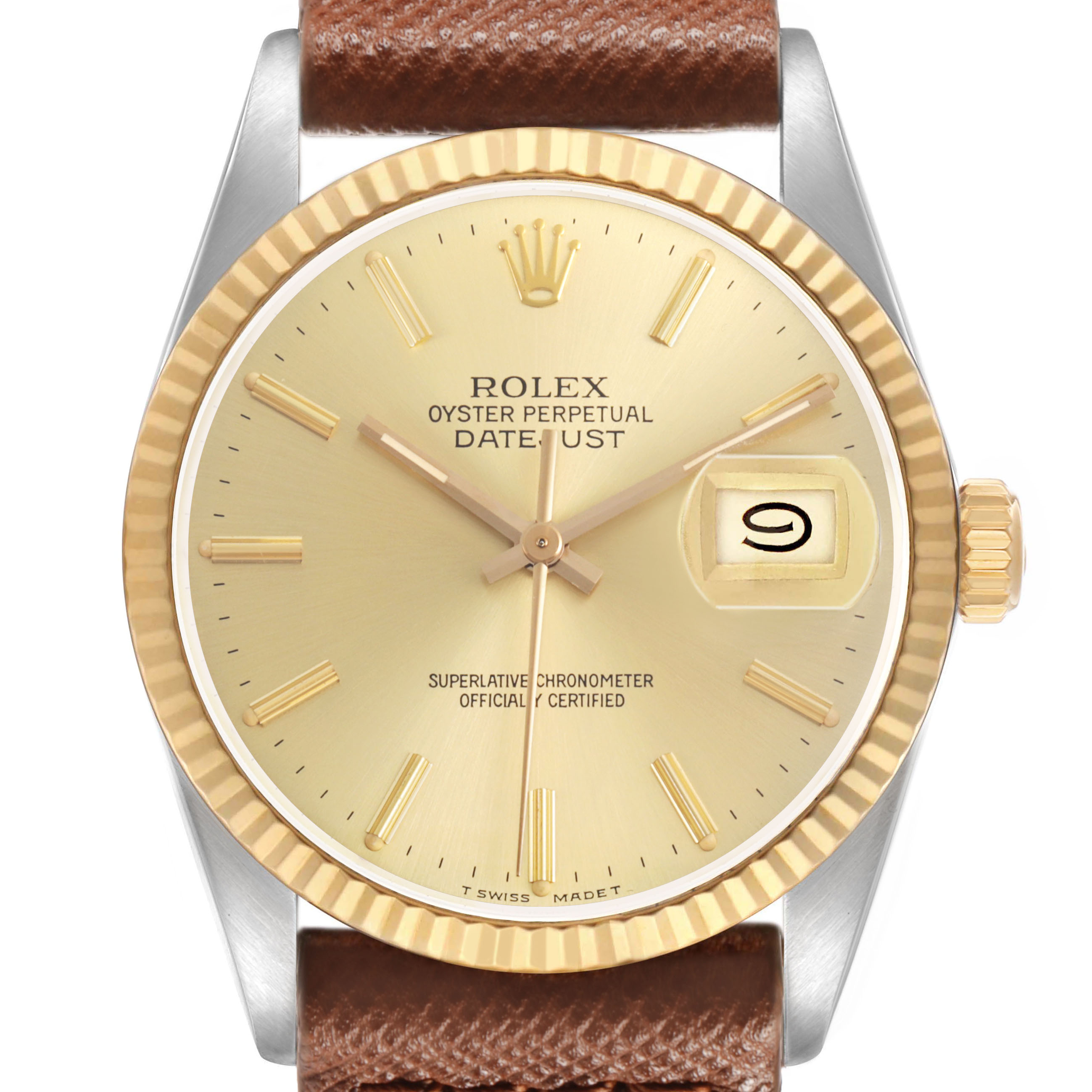 The Rolex Datejust 16013 Men's Steel and Gold (two tone) Champagne Dial watch is shown from a front angle, displaying the bezel, dial, and date window.