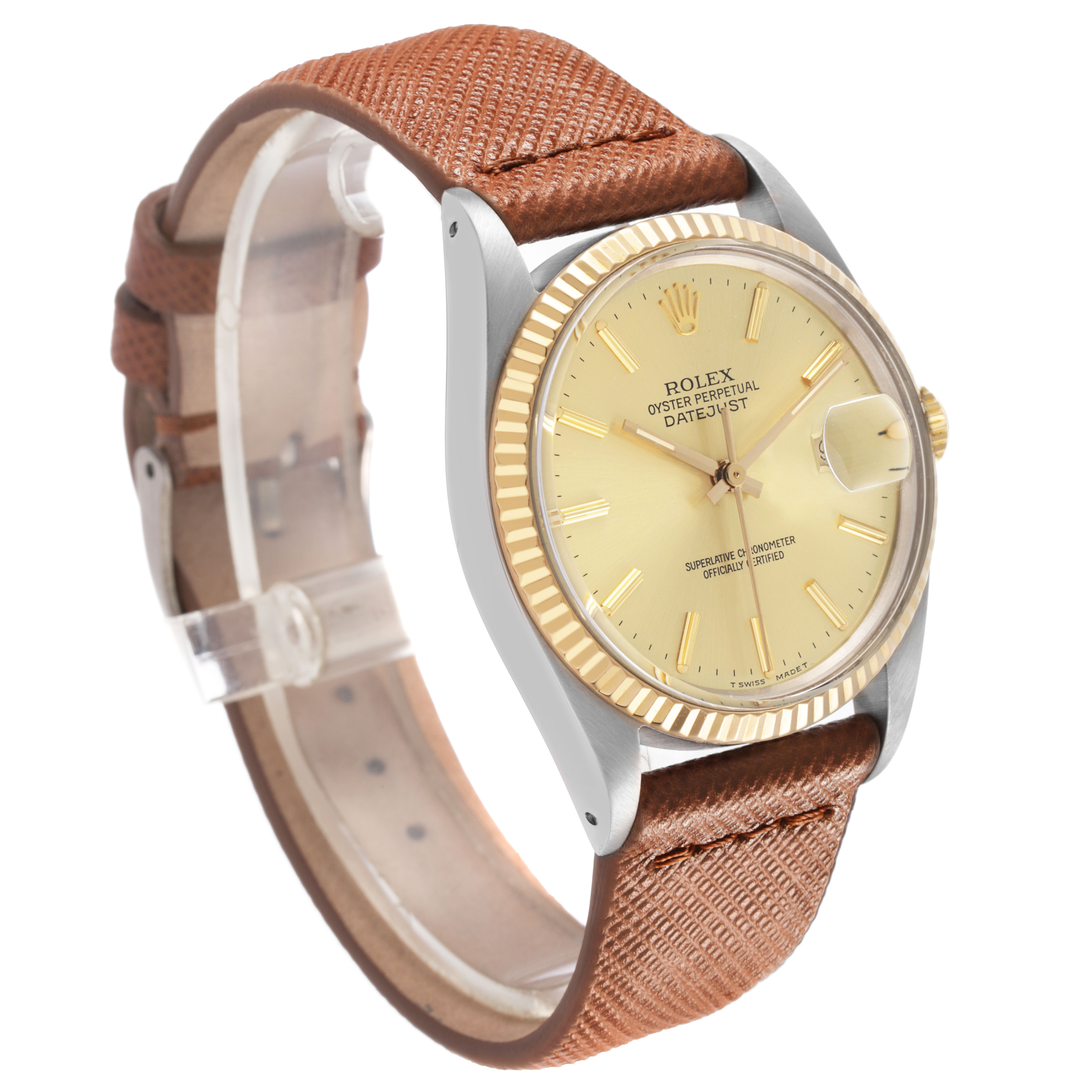 The Rolex Datejust 16013 Men's Steel and Gold (two tone) Champagne Dial watch is shown at a 3/4 angle, displaying the dial, bezel, case, and leather strap.