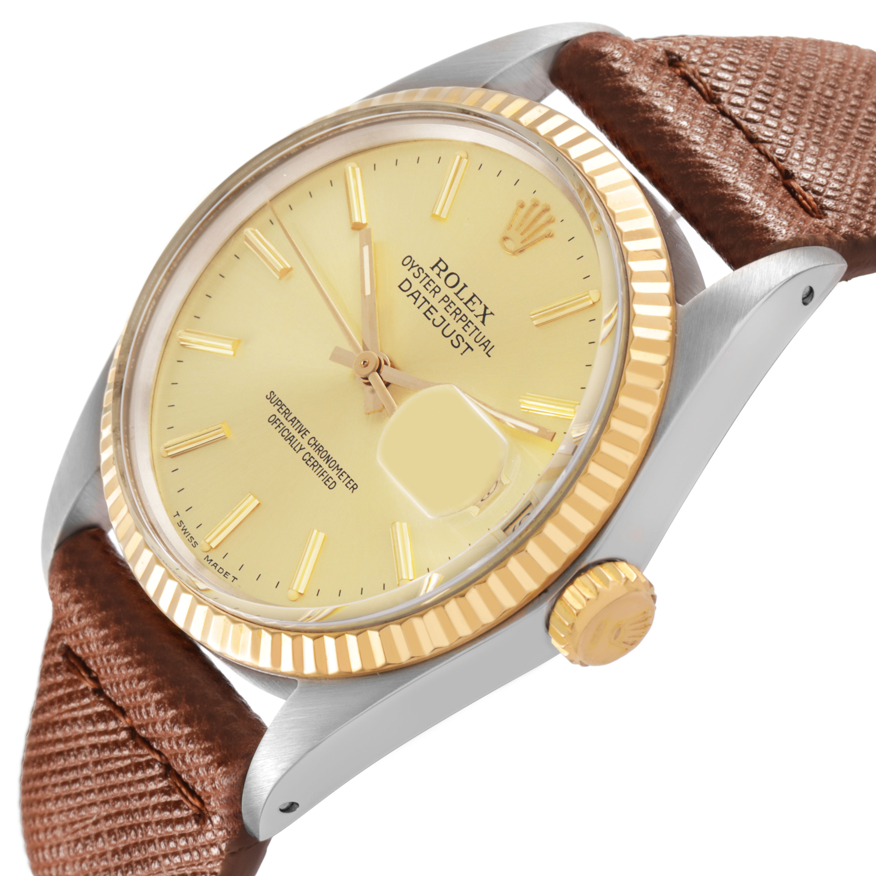 The Rolex Datejust 16013 Men's Steel and Gold (two tone) Champagne Dial watch is shown at an angled side view, highlighting the case, dial, bezel, and crown.