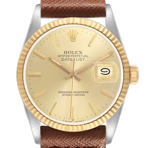 The Rolex Datejust 16013 Men's Steel and Gold (two tone) Champagne Dial watch is shown from the front, highlighting the dial, bezel, crown, and a portion of the strap.