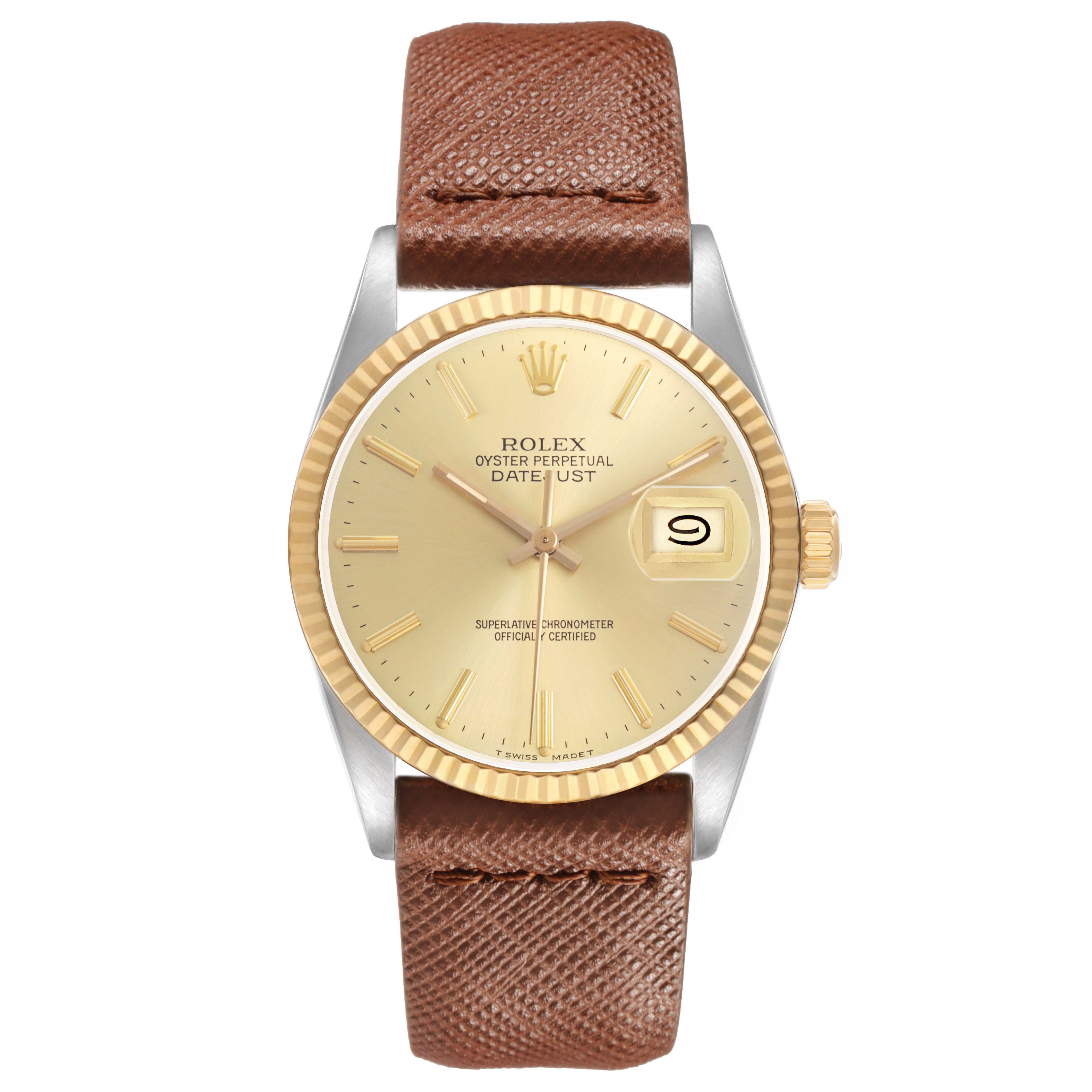 This Rolex Datejust 16013 Men's Steel and Gold (two tone) Champagne Dial watch is shown from the front, displaying the dial, bezel, crown, case, and leather strap.
