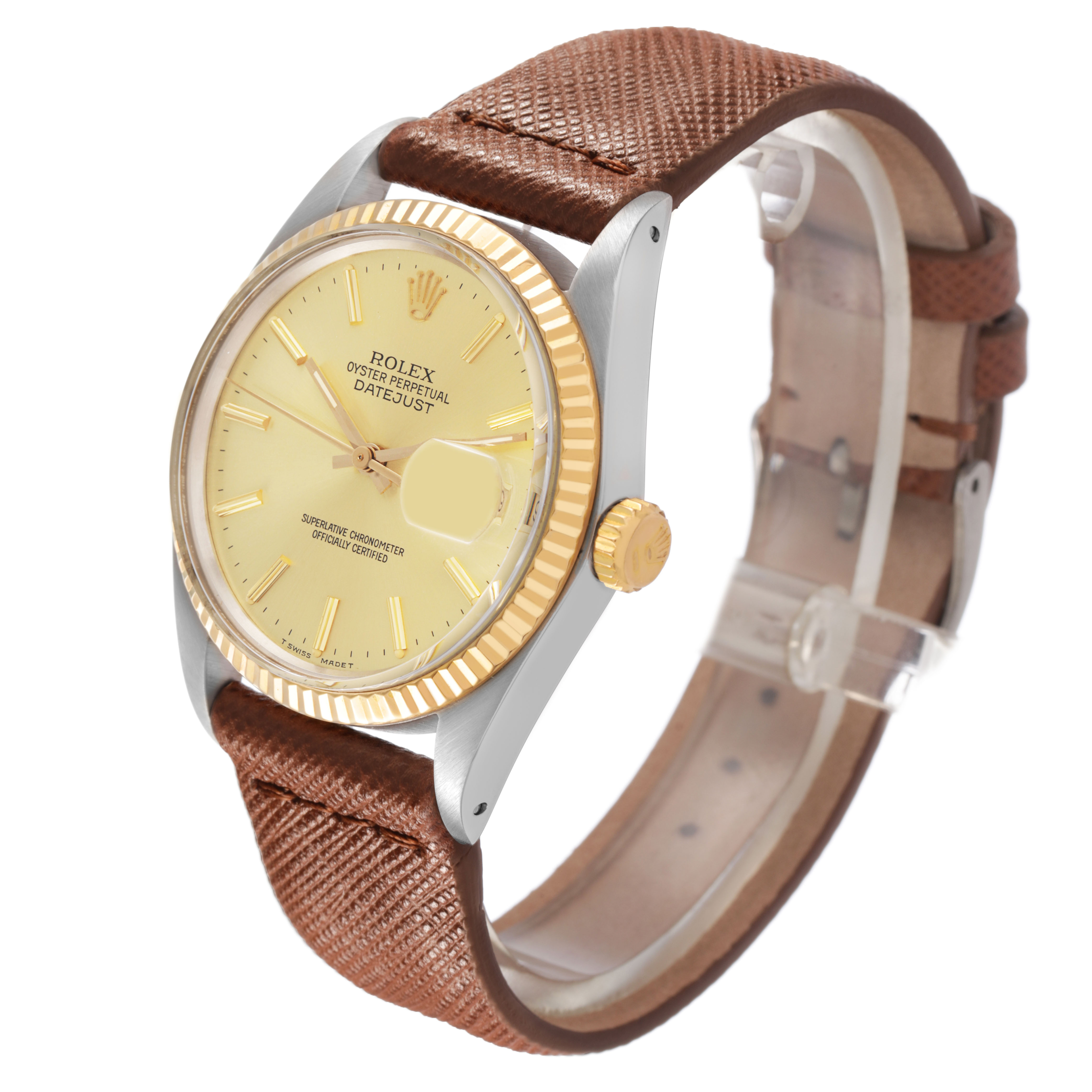 The Rolex Datejust 16013 Men's Steel and Gold (two tone) Champagne Dial watch is shown at a slight angle, highlighting the dial, case, crown, and strap.