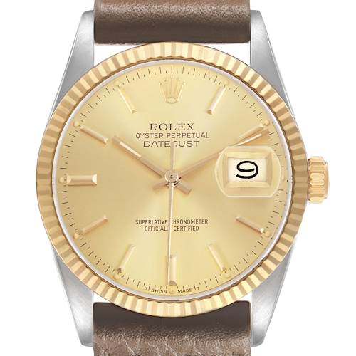 The Rolex Datejust 16013 Men's Steel and Gold (two tone) Champagne Dial watch is shown from the front, displaying the dial, hands, date window, and bezel.