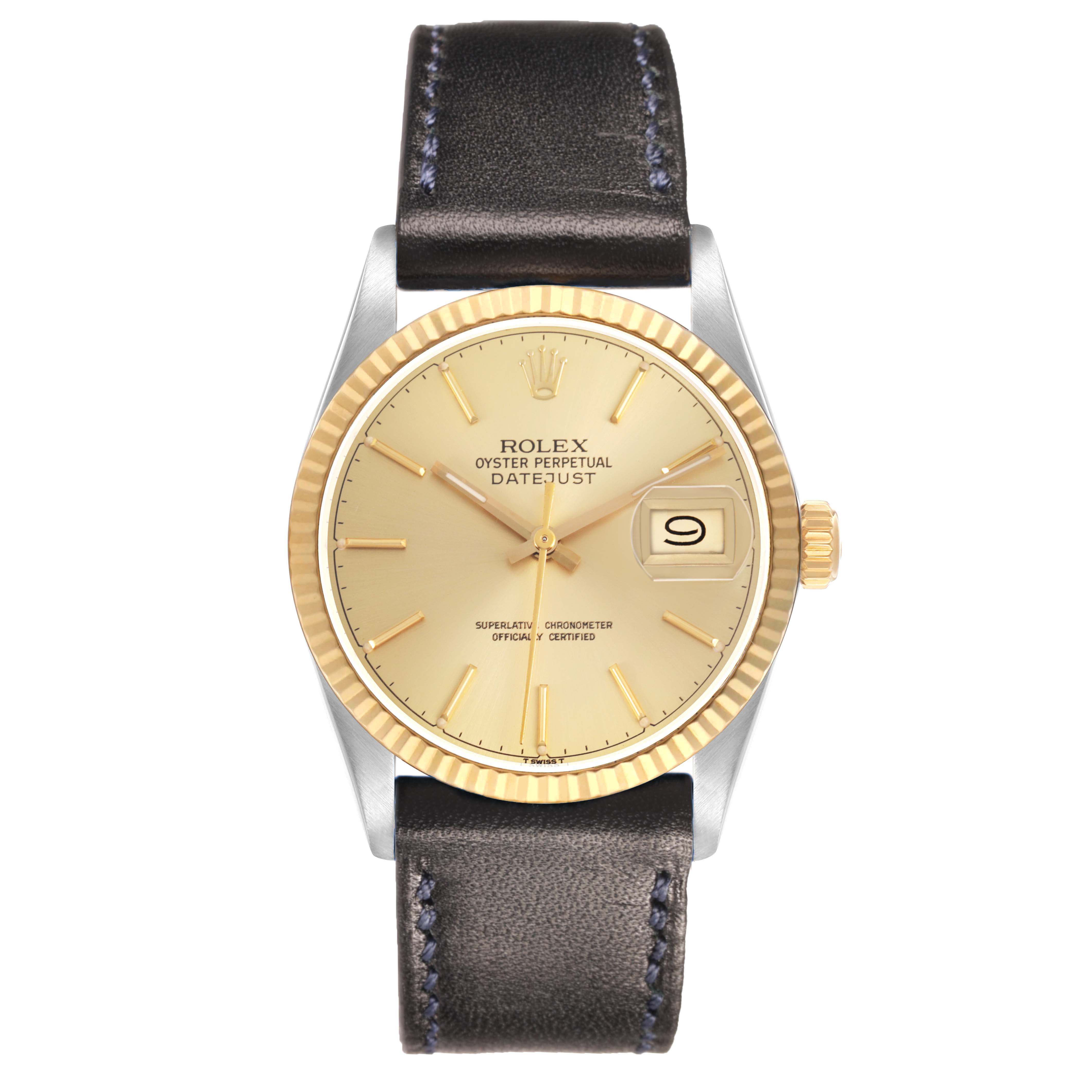 The Rolex Datejust 16013 Men's Steel and Gold (two tone) Champagne Dial watch is shown from the front, highlighting its dial, bezel, crown, and leather strap.