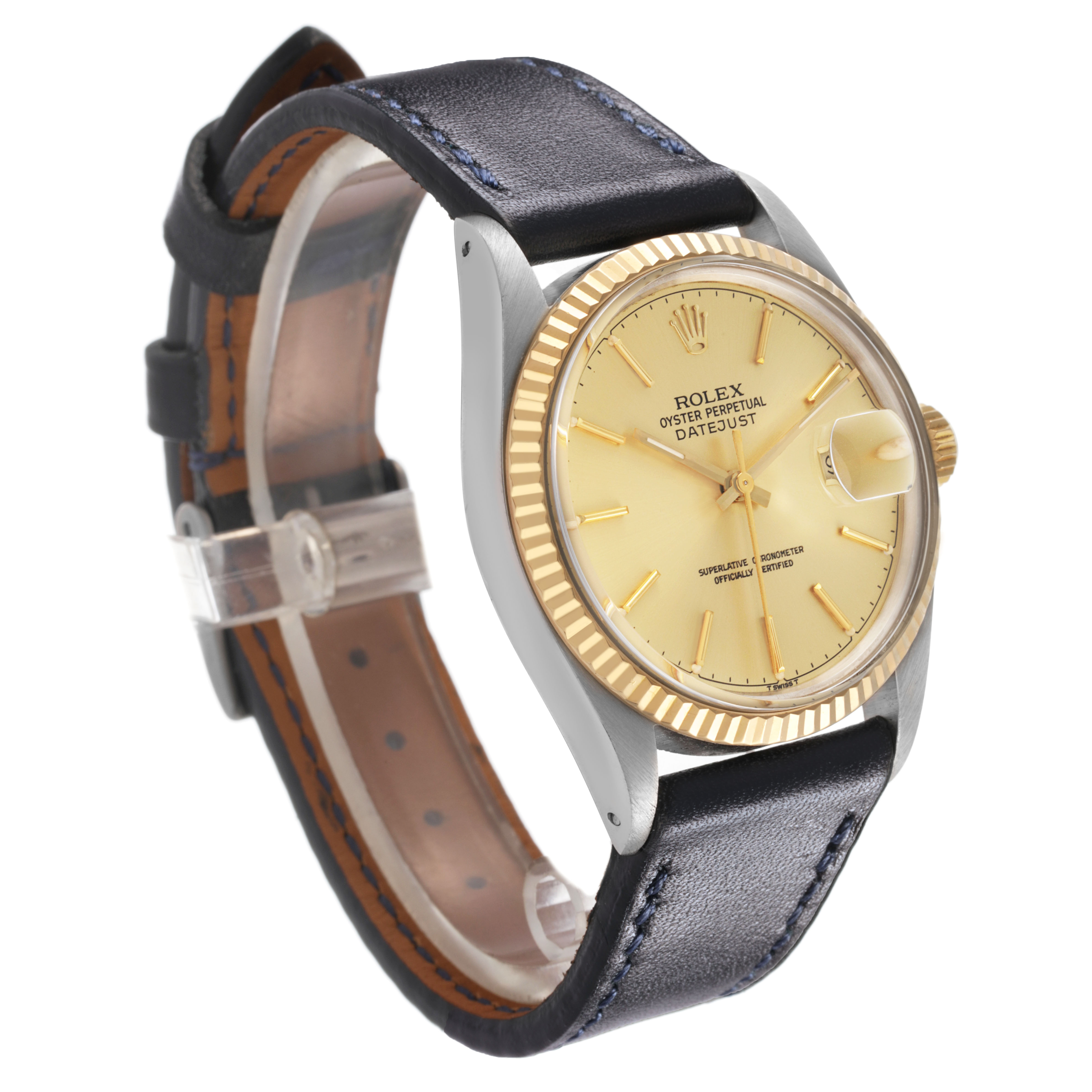 The Rolex Datejust 16013 Men's Steel and Gold (two tone) Champagne Dial watch is shown at a three-quarter angle, highlighting the dial, bezel, case, and leather strap.