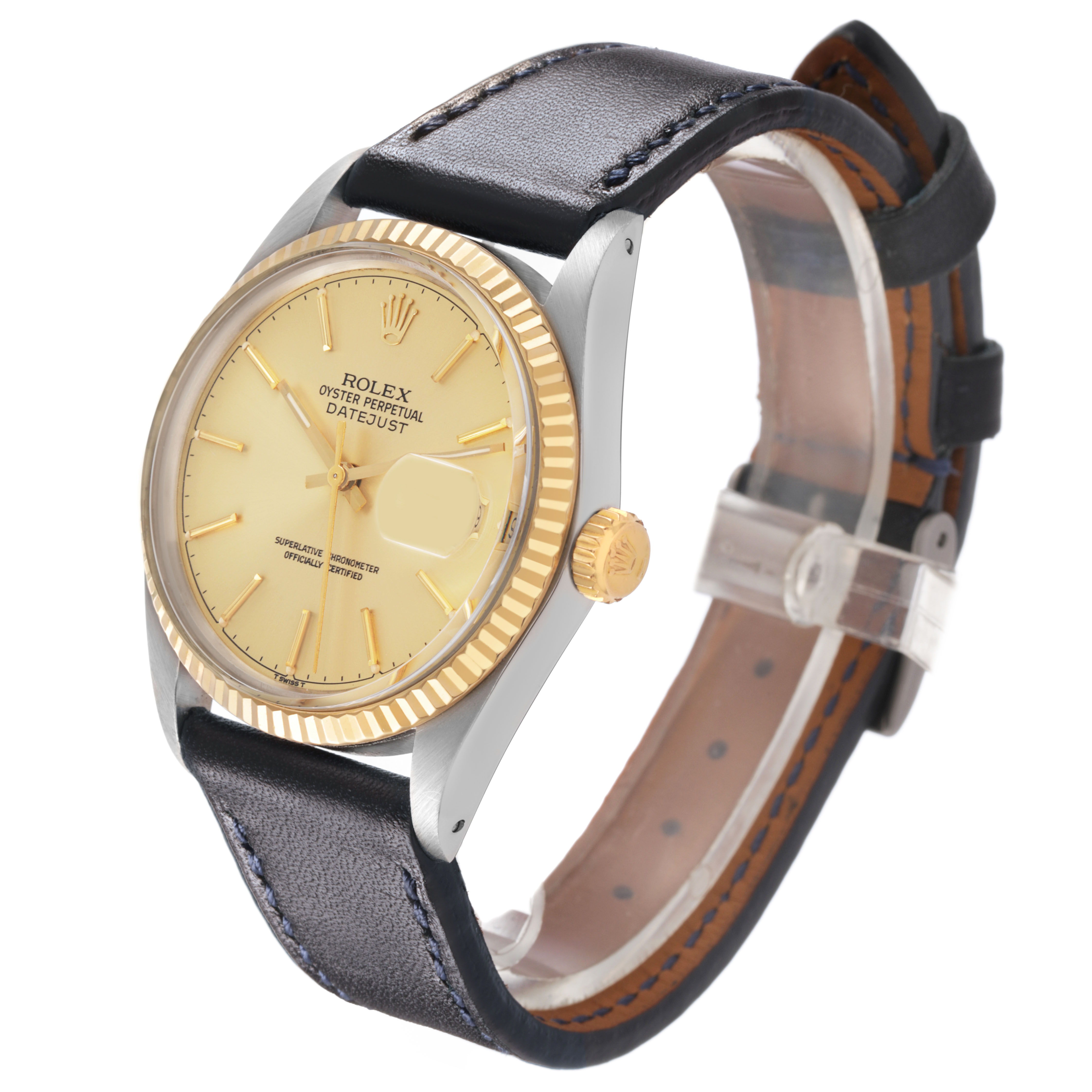 The Rolex Datejust 16013 Men's Steel and Gold (two tone) Champagne Dial watch is shown at a three-quarter angle, highlighting the face, bezel, crown, and leather strap.