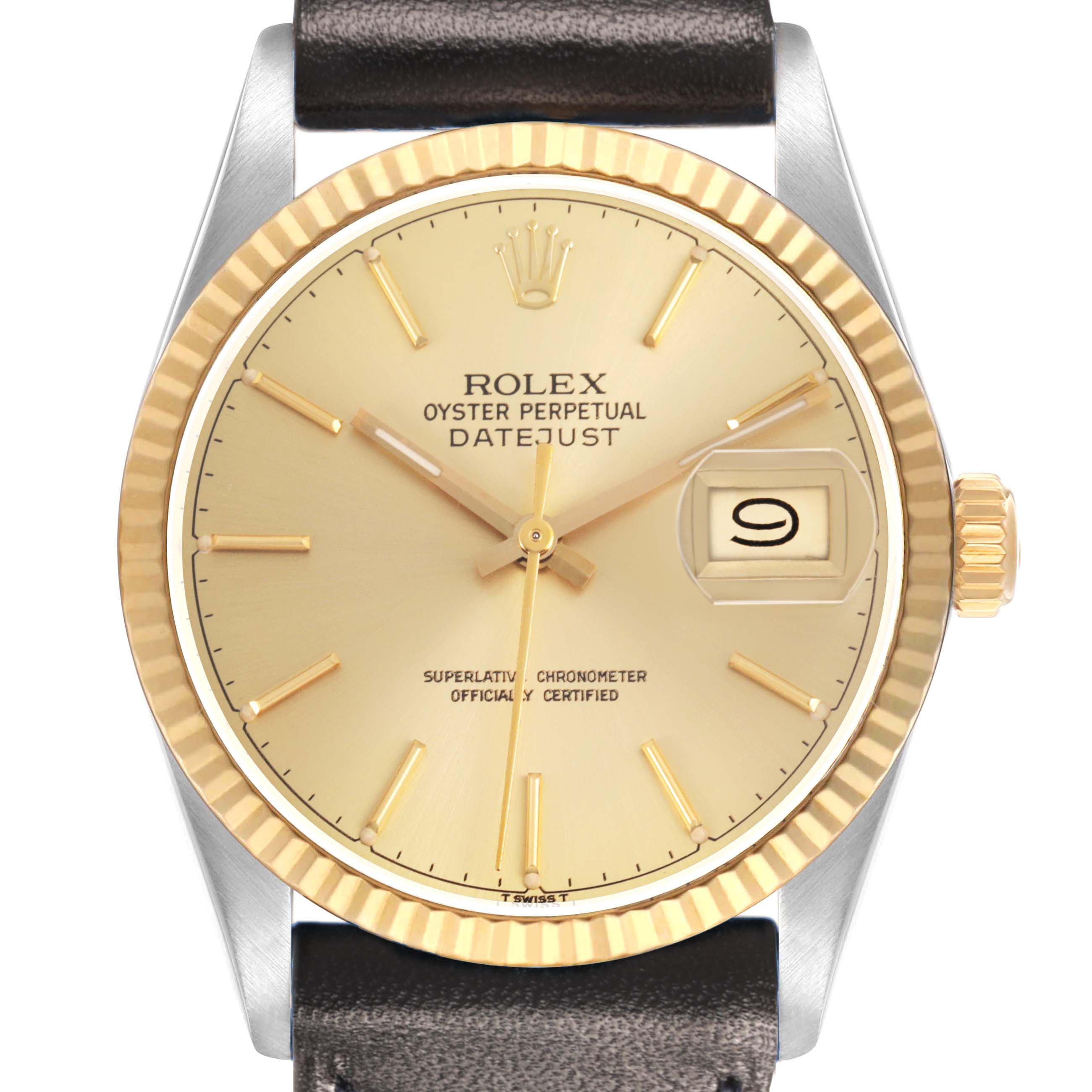 The Rolex Datejust 16013 Men's Steel and Gold (two tone) Champagne Dial watch is shown from a front angle, highlighting the dial, bezel, crown, and strap.