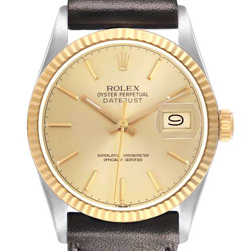 The Rolex Datejust 16013 Men's Steel and Gold (two tone) Champagne Dial watch is shown from a front angle, highlighting its gold dial, fluted bezel, and leather strap.