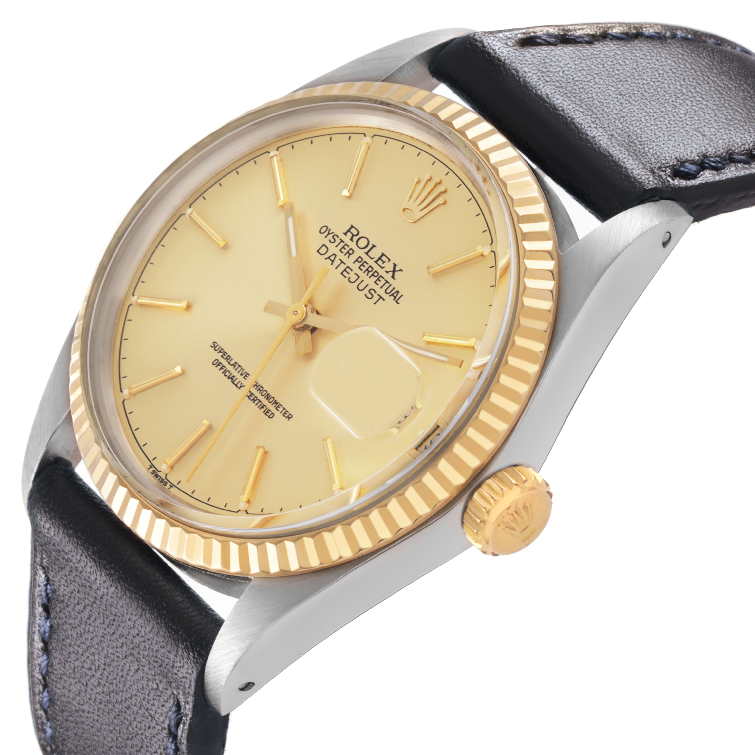 The Rolex Datejust 16013 Men's Steel and Gold (two tone) Champagne Dial watch is shown in a tilted side angle, displaying the face, bezel, crown, and part of the leather strap.