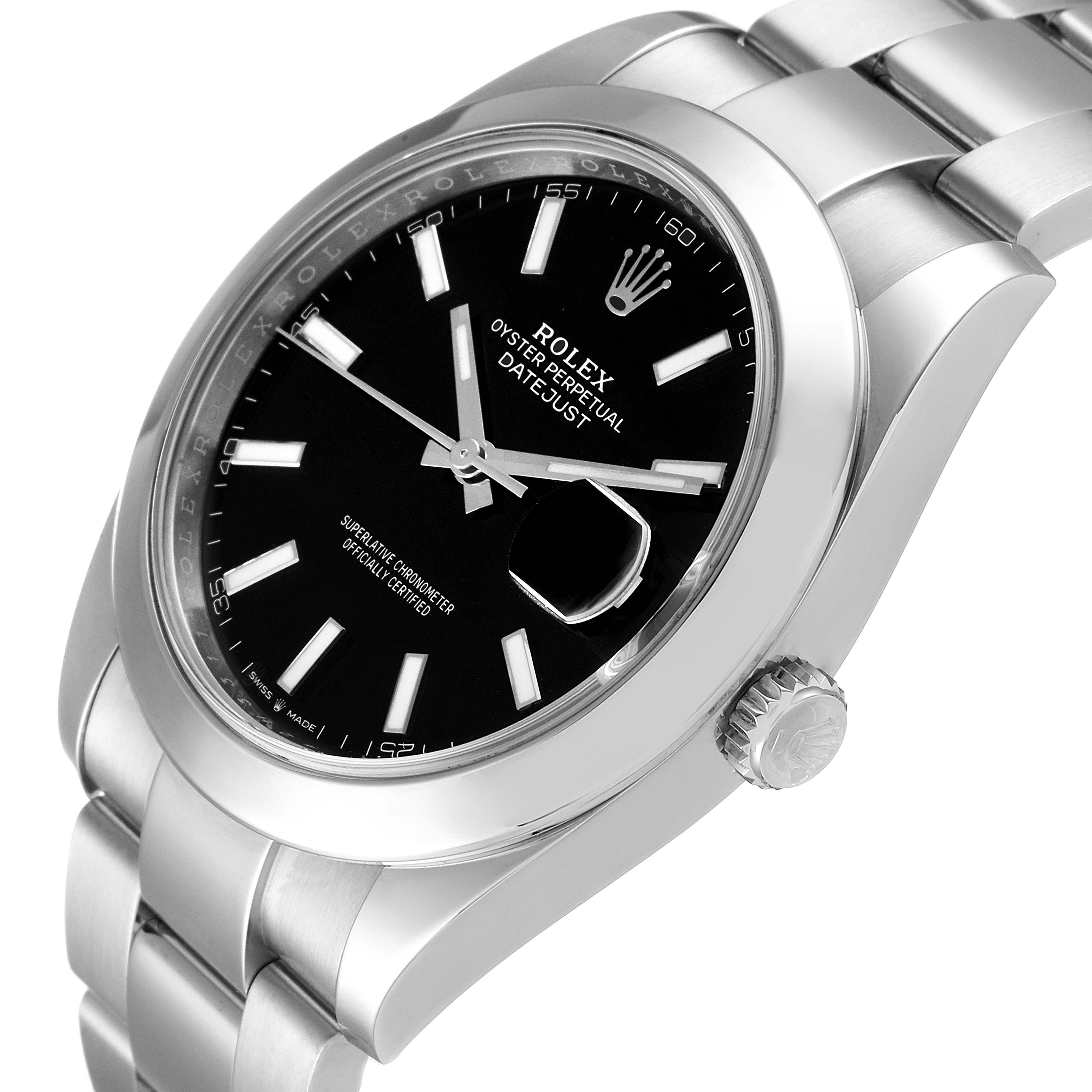 This image shows the Rolex Datejust 41 126300 Men's Stainless Steel Black Dial 126300 Men's Stainless Steel Black Dial watch at an angled side view, highlighting the dial, bezel, and bracelet.