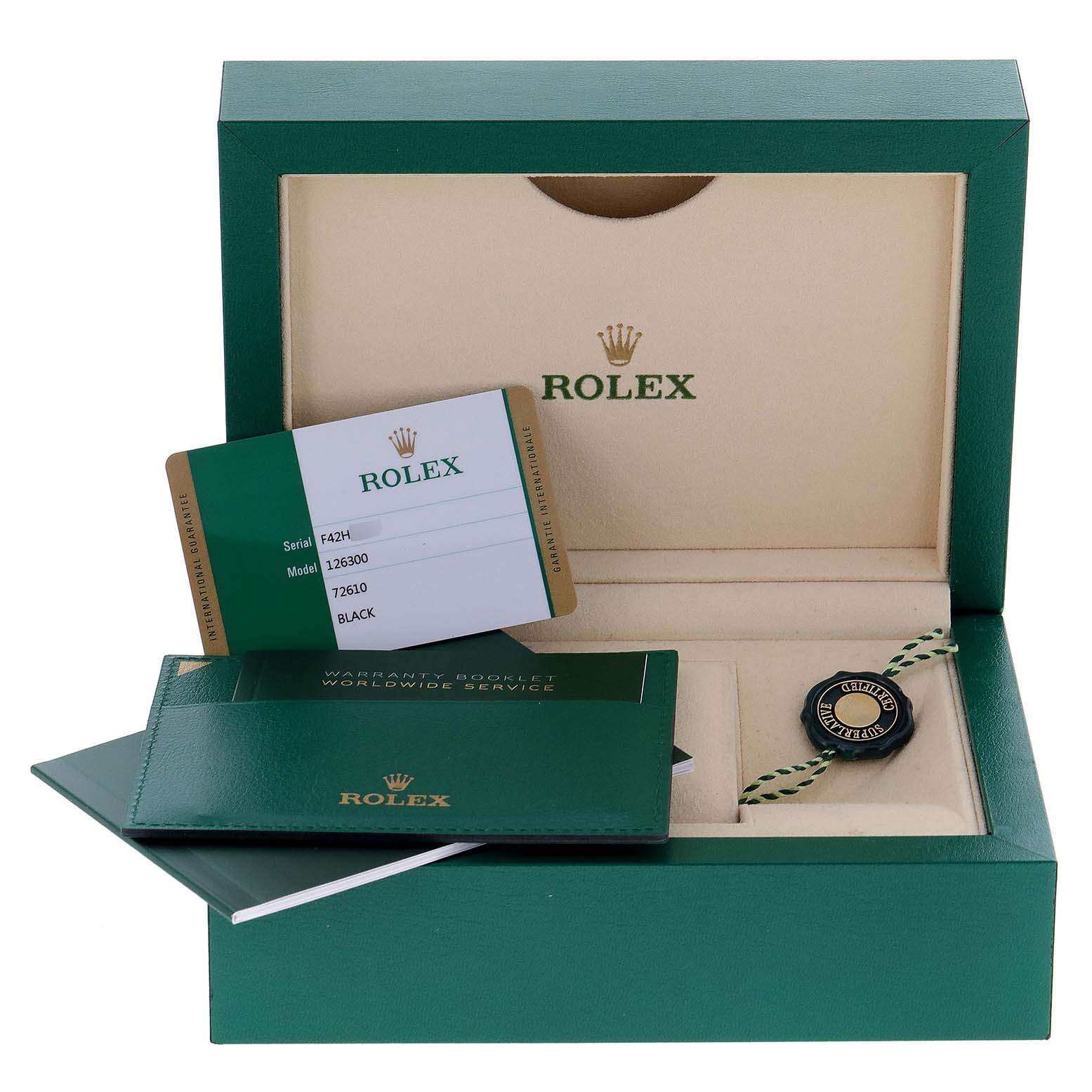 The image shows the packaging, warranty booklet, tag, and ID card for a Rolex Datejust 41 126300 Men's Stainless Steel Black Dial 126300 Men's Stainless Steel Black Dial watch.