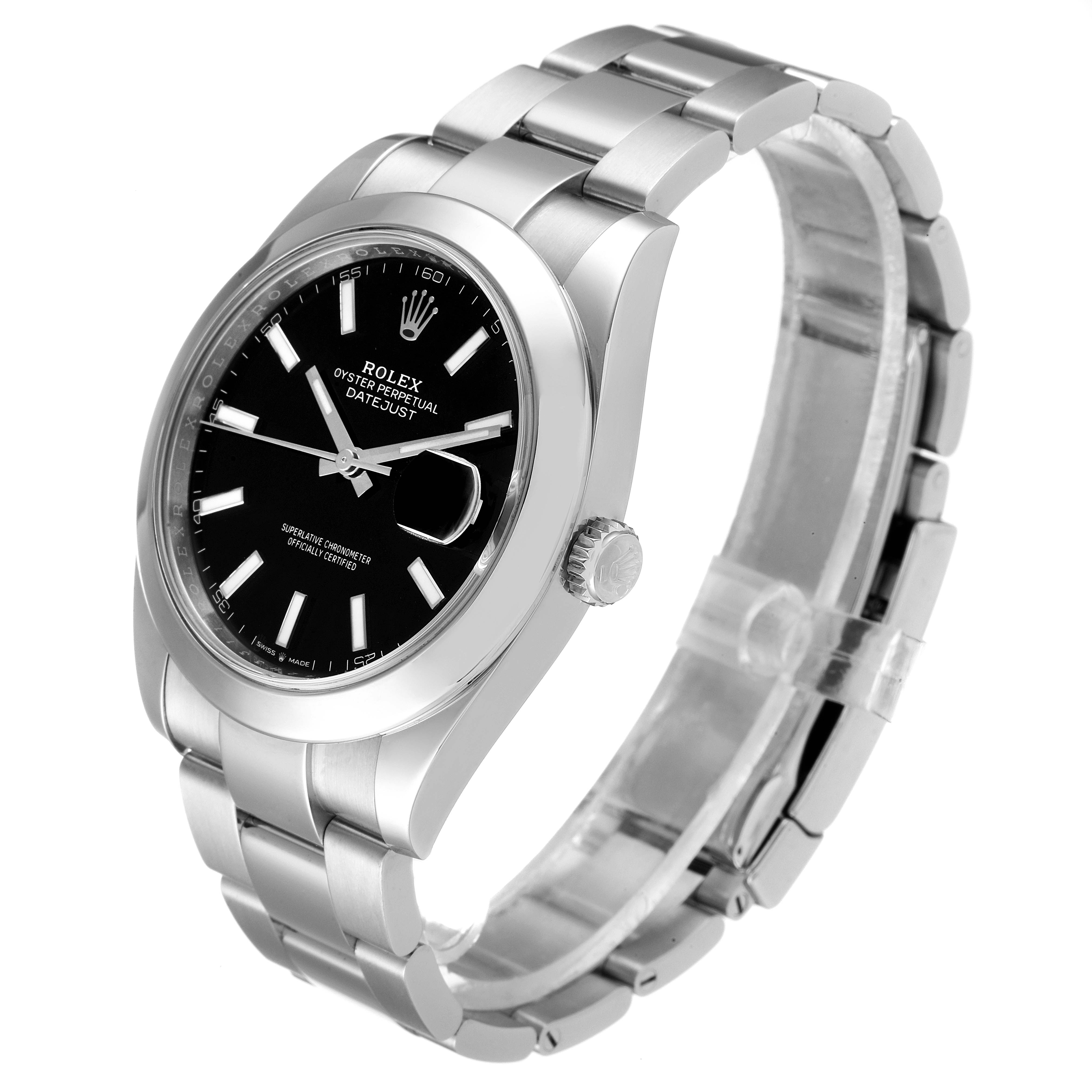 The image shows a Rolex Datejust 41 126300 Men's Stainless Steel Black Dial 126300 Men's Stainless Steel Black Dial model from an angled side view, displaying its bracelet, crown, and black dial face.