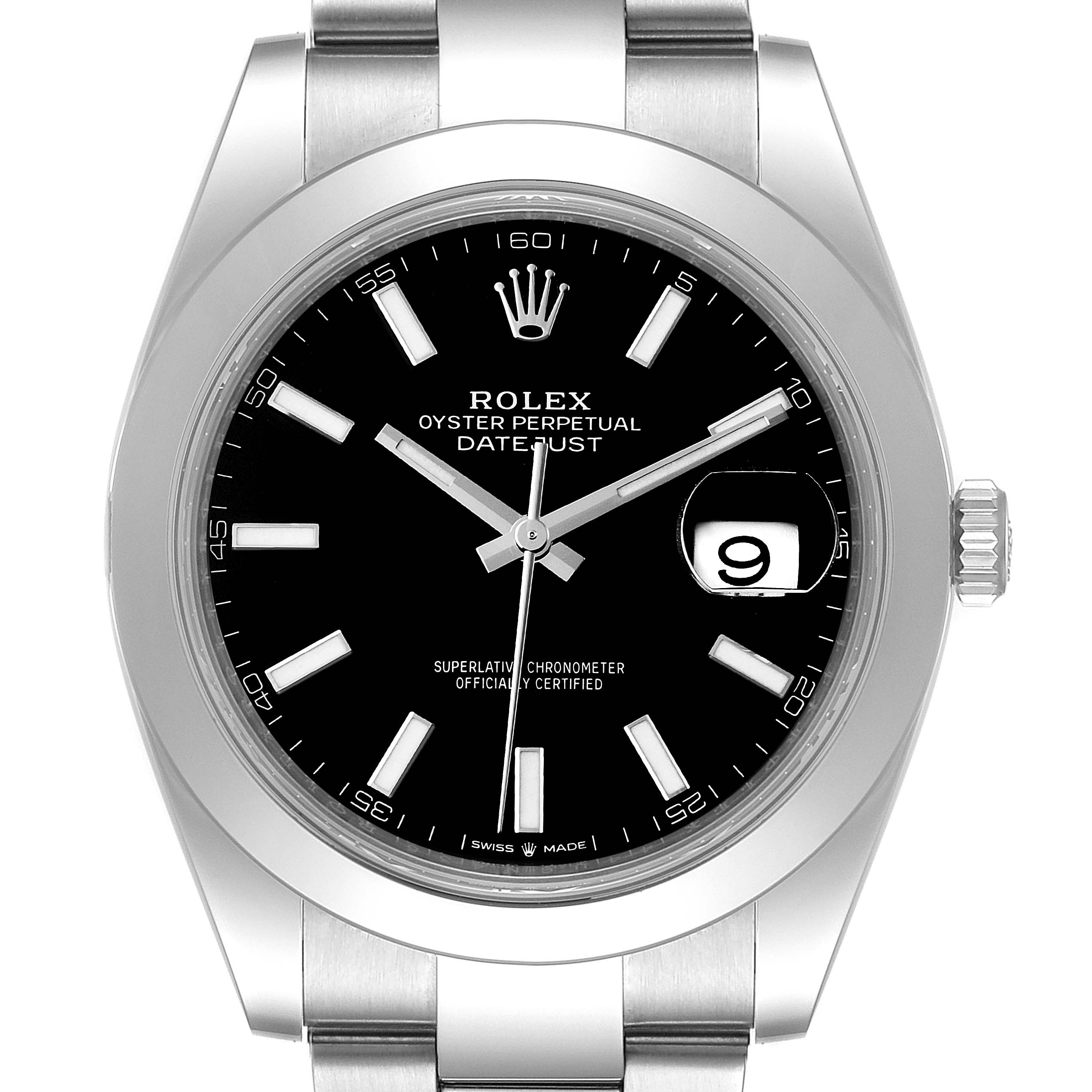 This image shows a front view of the Rolex Datejust 41 126300 Men's Stainless Steel Black Dial 126300 Men's Stainless Steel Black Dial watch, highlighting the dial, hour markers, hands, and the date window.