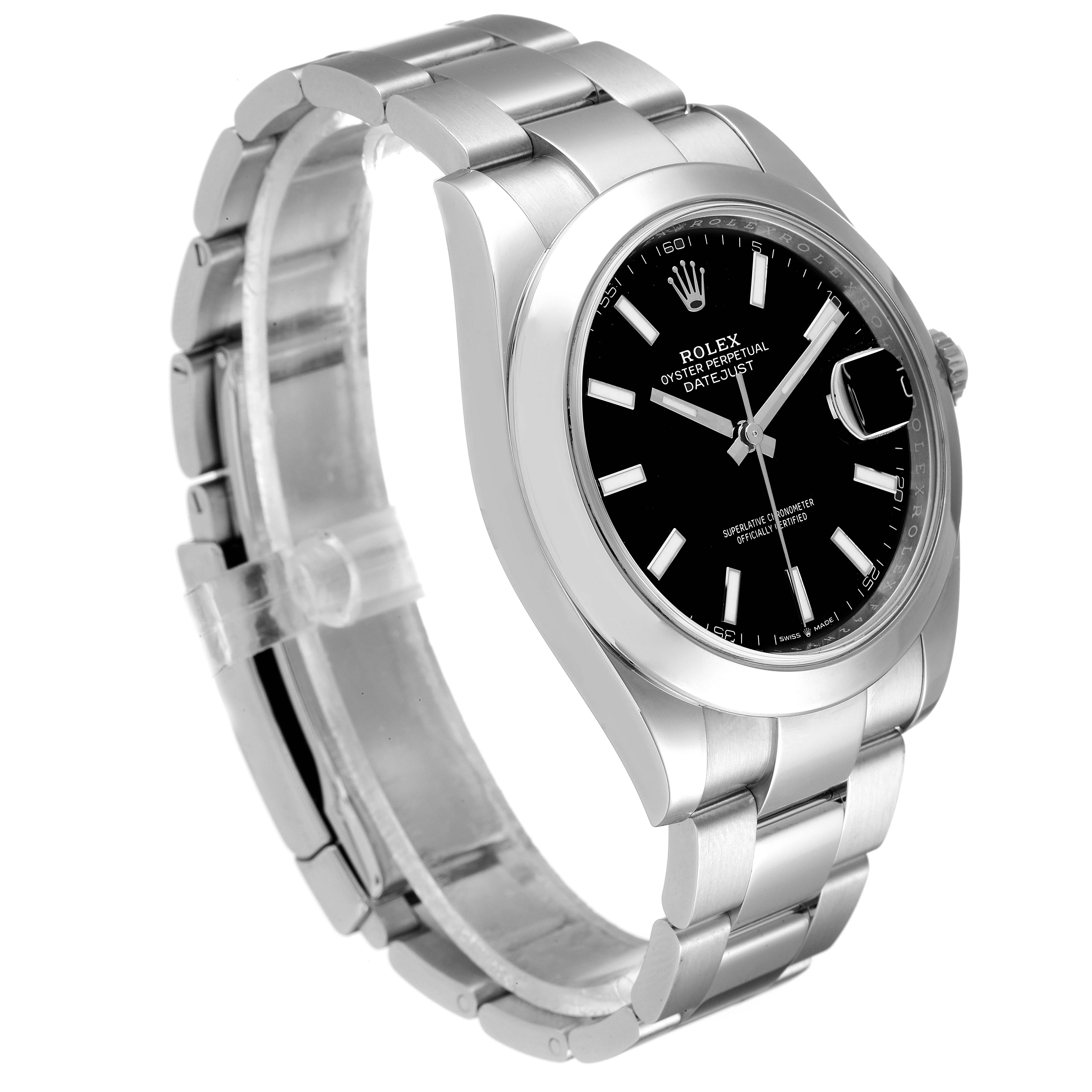 The image shows a Rolex Datejust 41 126300 Men's Stainless Steel Black Dial 126300 Men's Stainless Steel Black Dial watch angled to the right, highlighting the face, bezel, and bracelet.