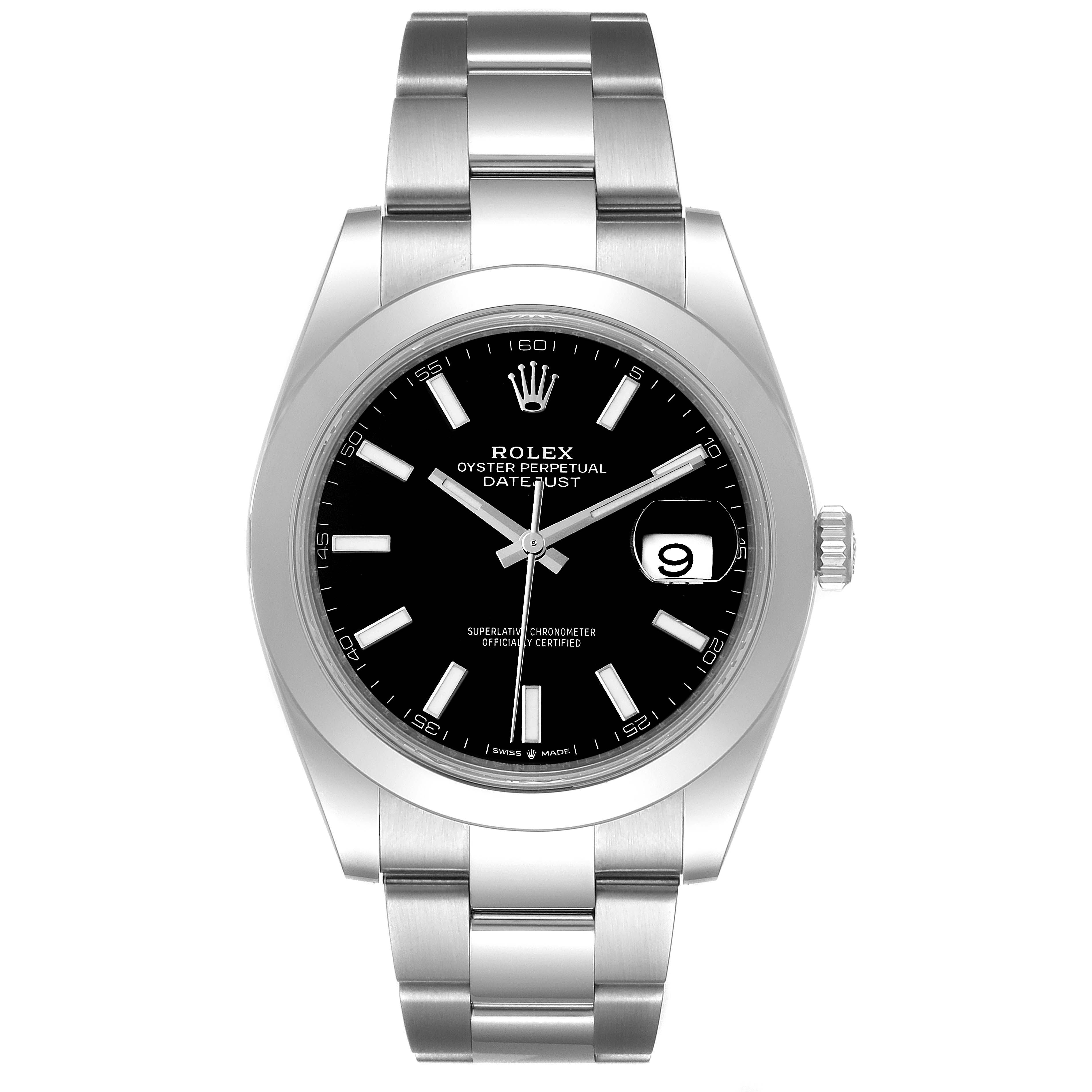 The image shows a front view of a Rolex Datejust 41 126300 Men's Stainless Steel Black Dial 126300 Men's Stainless Steel Black Dial watch, displaying the dial, bracelet, and bezel.