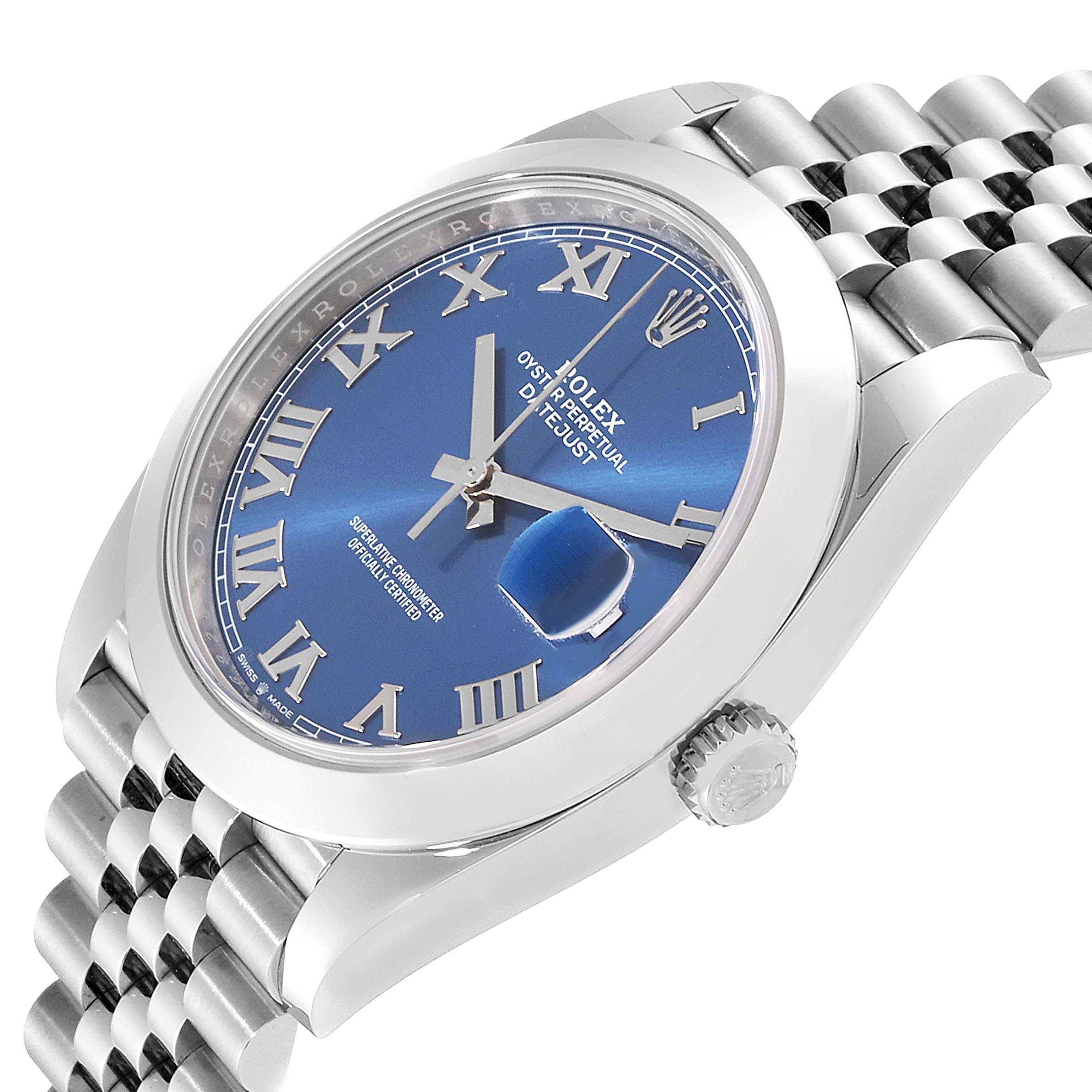 The image shows a Rolex Datejust 41 126300 Men's Stainless Steel Blue Dial 126300 Men's Stainless Steel Blue Dial model from a side angle, displaying the dial, bezel, crown, and part of the bracelet.