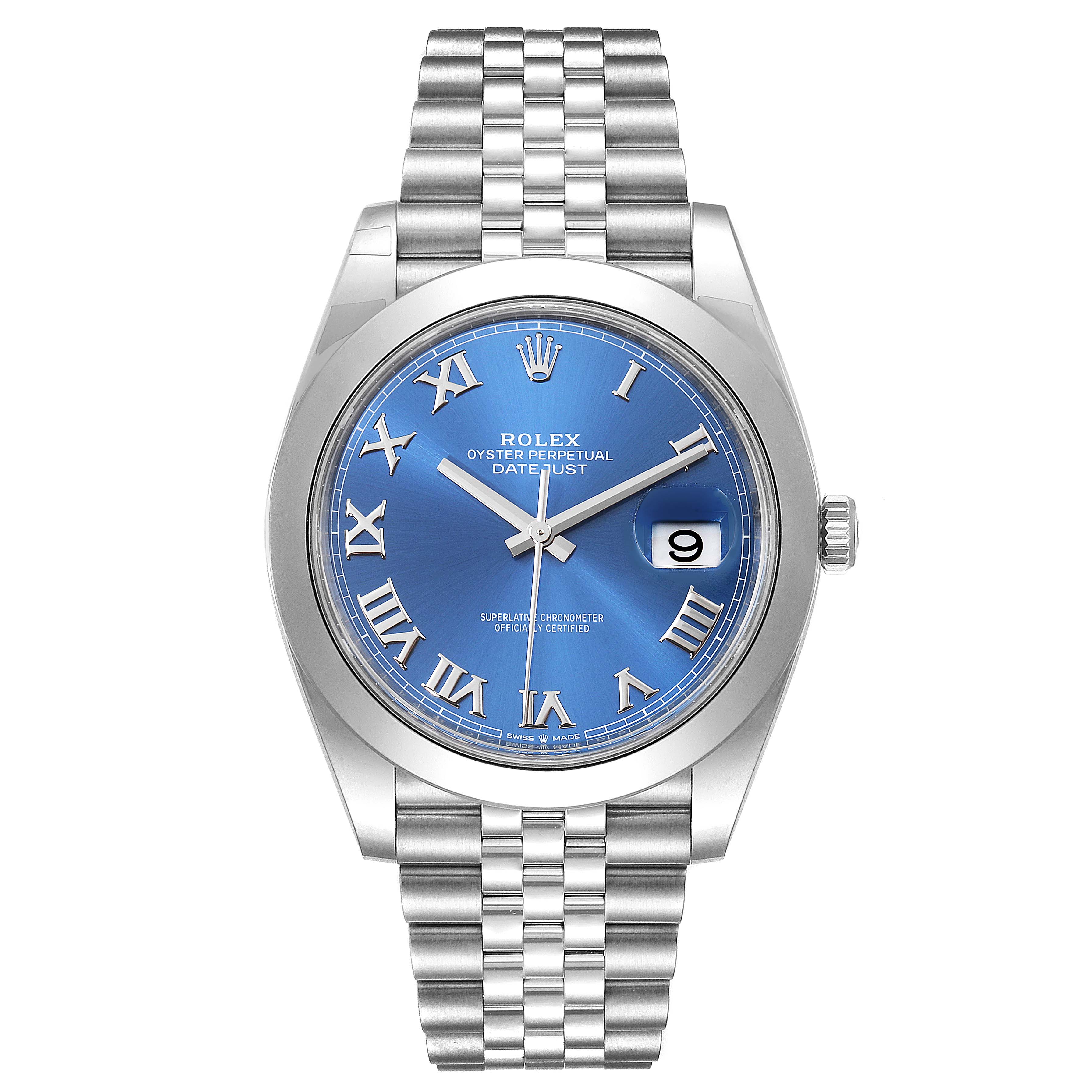The image shows a front view of the Rolex Datejust 41 126300 Men's Stainless Steel Blue Dial 126300 Men's Stainless Steel Blue Dial watch, highlighting its blue dial, Roman numerals, and Jubilee bracelet.